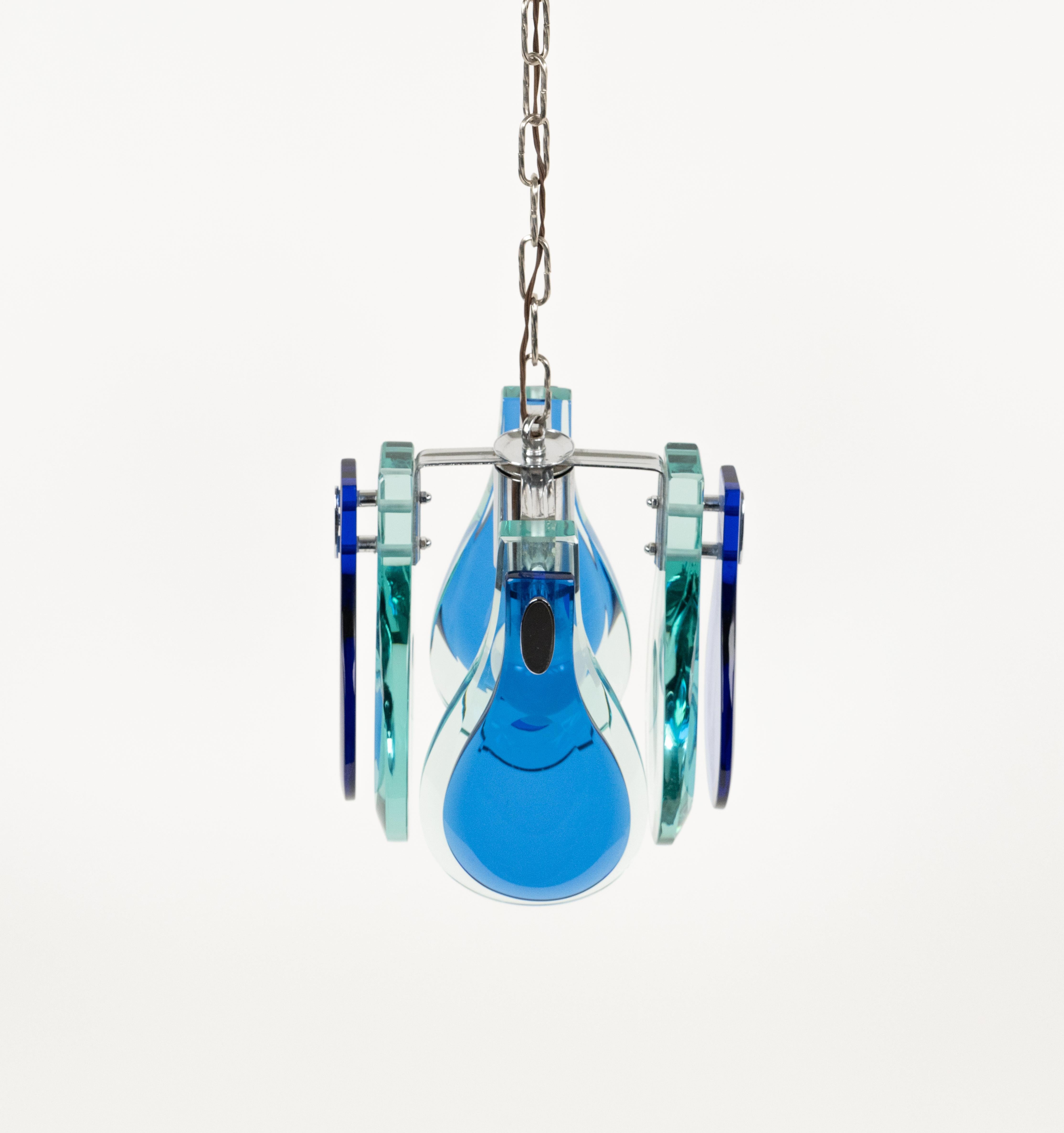 Midcentury Chandelier Blue & Green Glass and Chrome by Cristal Arte, Italy 1960s For Sale 1