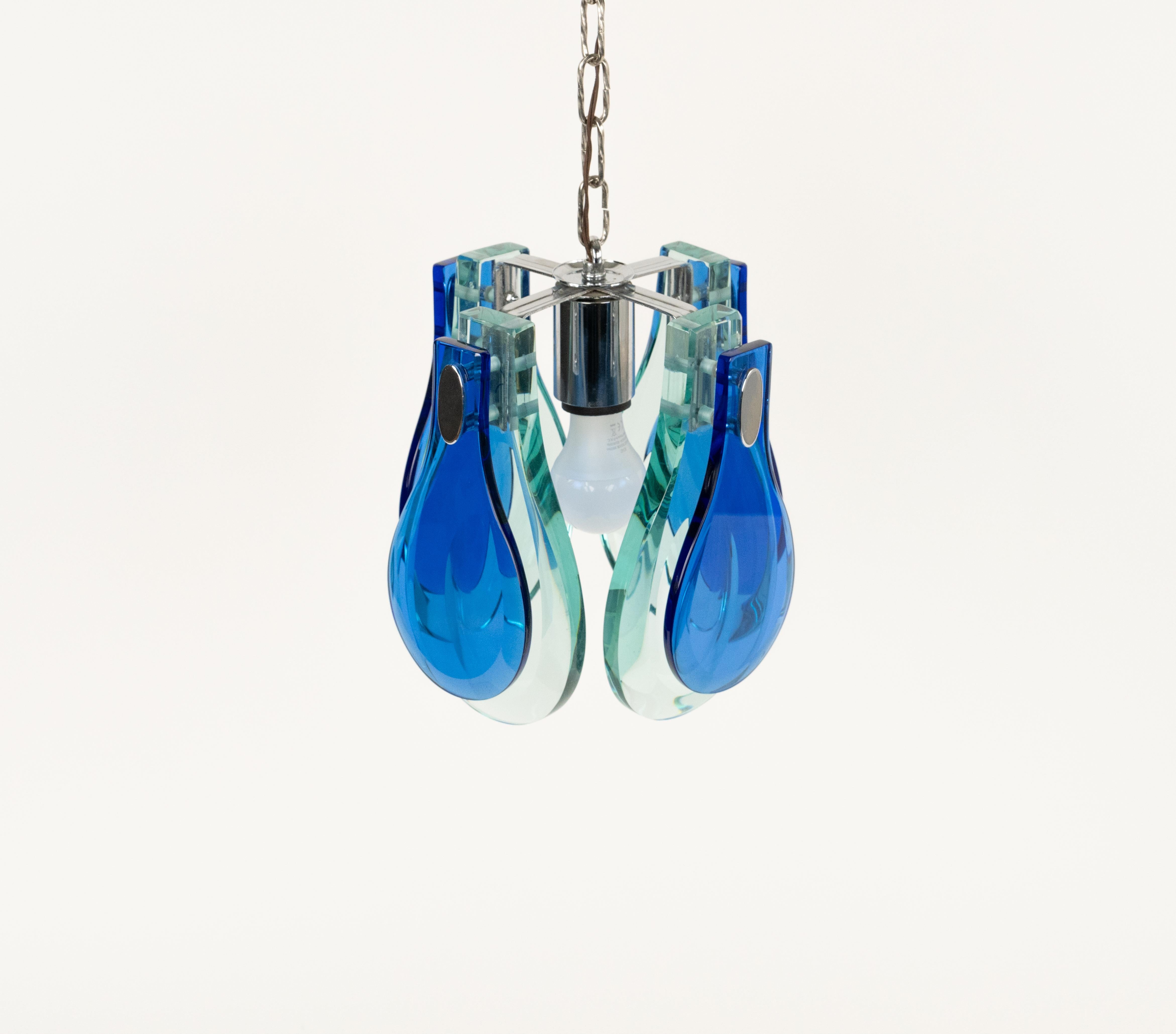 Midcentury Chandelier Blue & Green Glass and Chrome by Cristal Arte, Italy 1960s For Sale 2