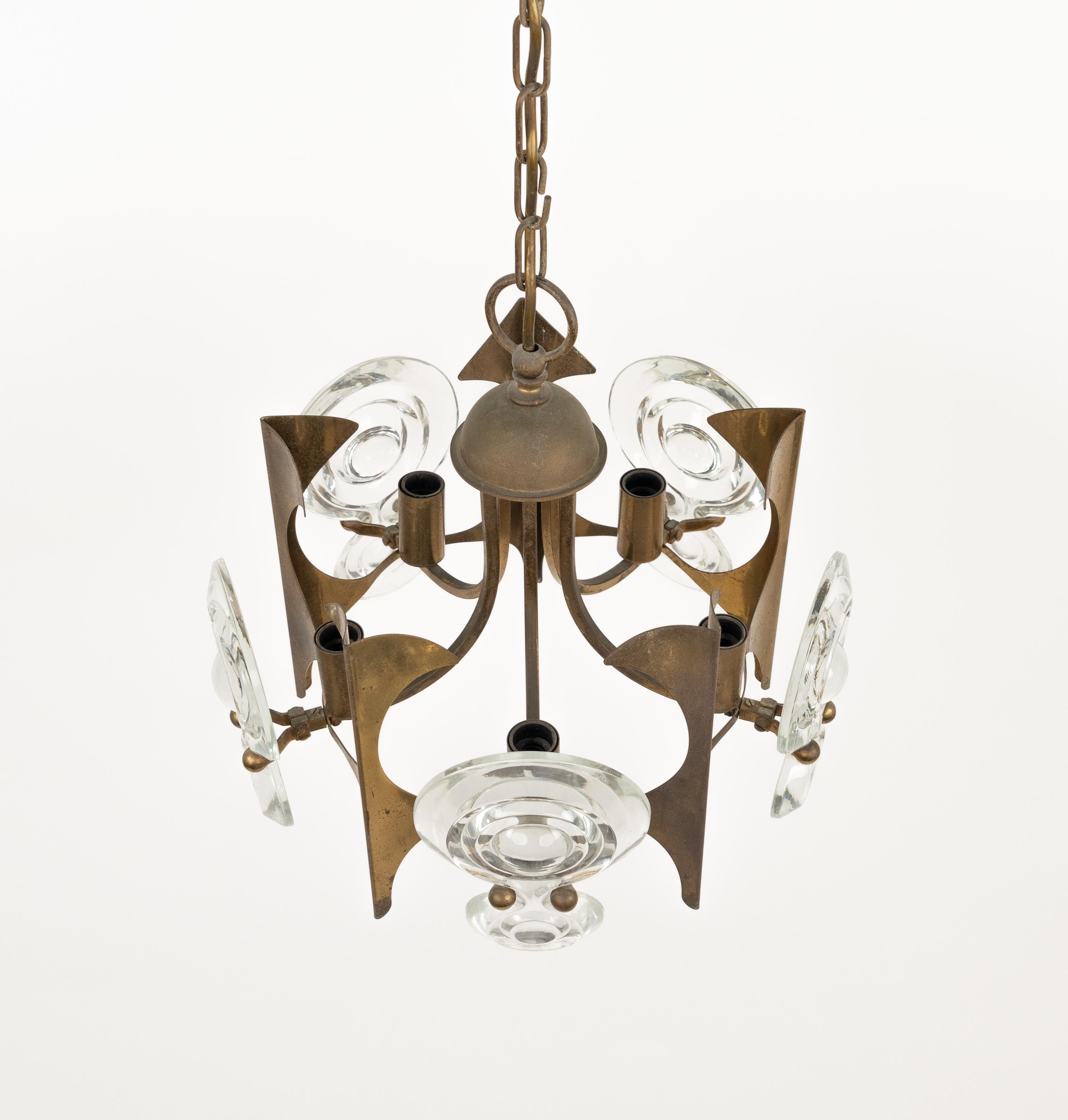 Mid-20th Century Midcentury Chandelier Brass and Glass by Oscar Torlasco, Italy 1960s For Sale