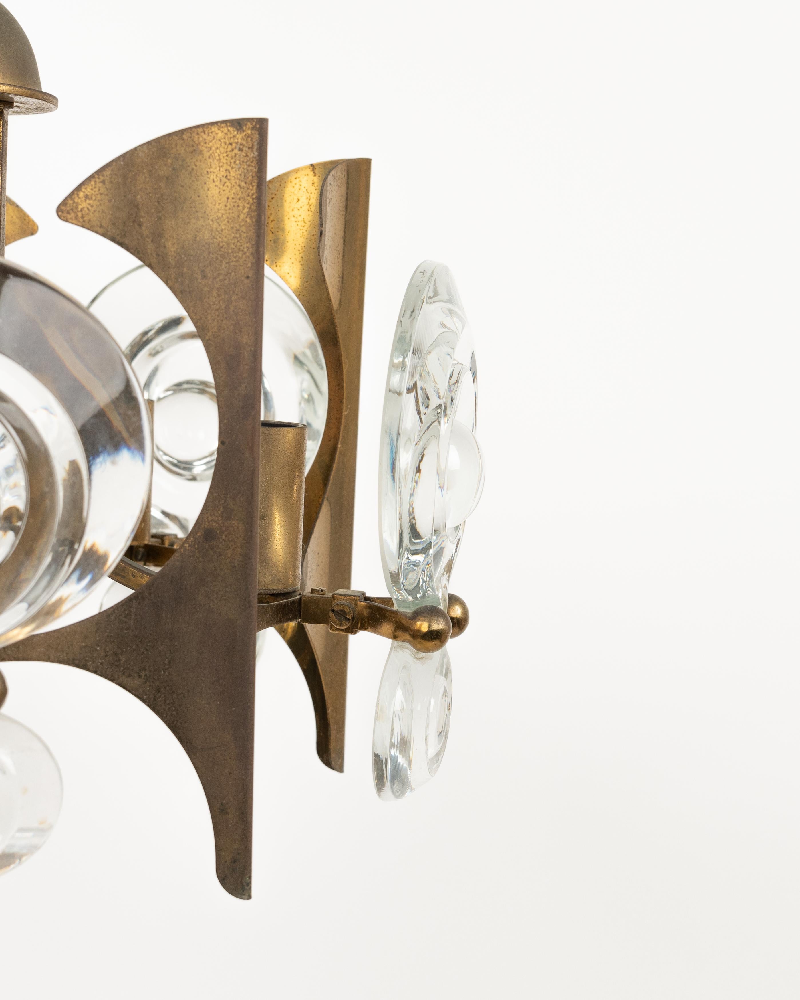 Midcentury Chandelier Brass and Glass by Oscar Torlasco, Italy 1960s For Sale 1