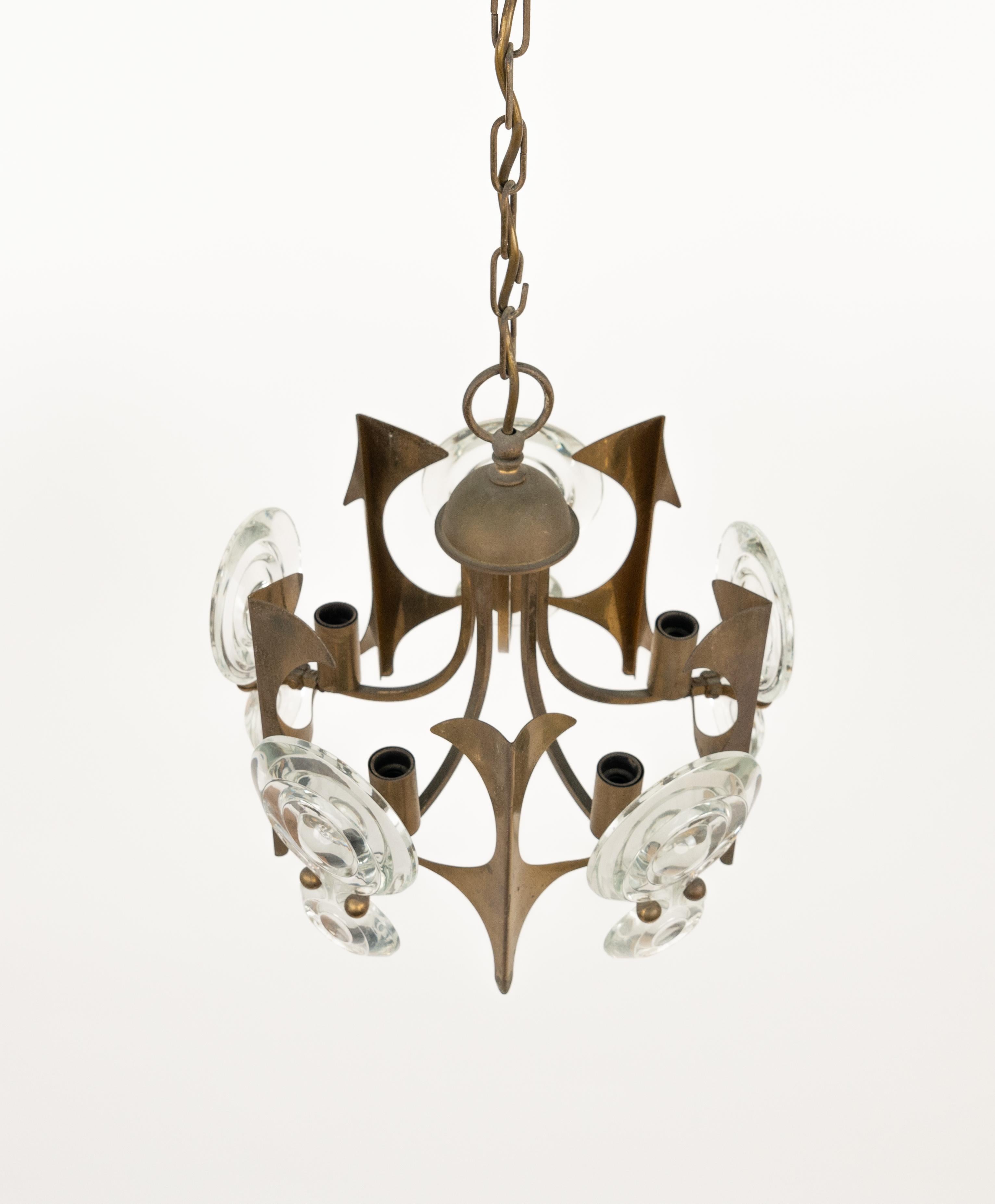 Midcentury Chandelier Brass and Glass by Oscar Torlasco, Italy 1960s For Sale 2