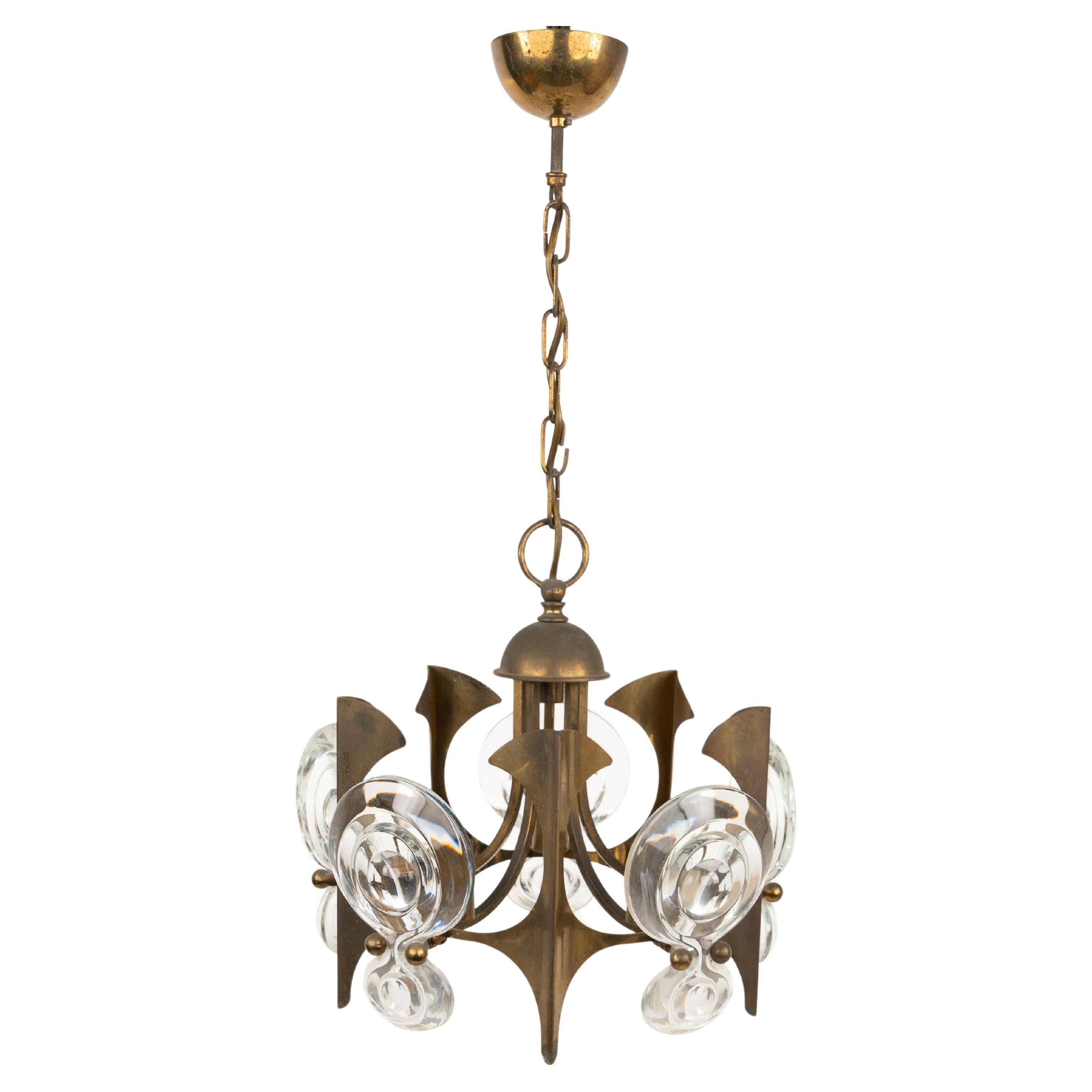 Midcentury Chandelier Brass and Glass by Oscar Torlasco, Italy 1960s