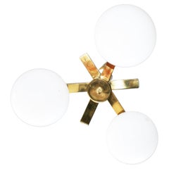 Midcentury Chandelier, Brass and Opaline Glass Sciolari Style, Italy, 1960s