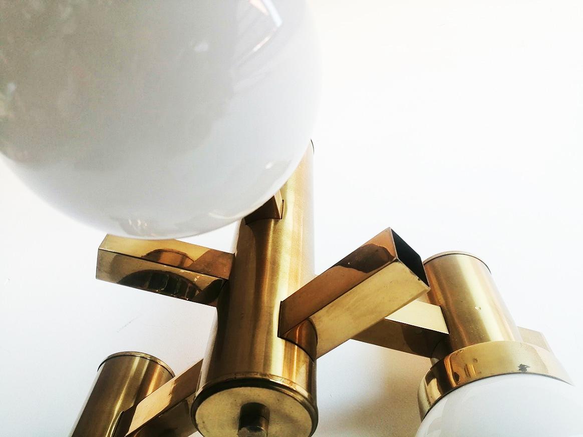 Gilt Midcentury Chandelier, Brass Opaline Glass Sciolari Style, Italy, 1960s For Sale