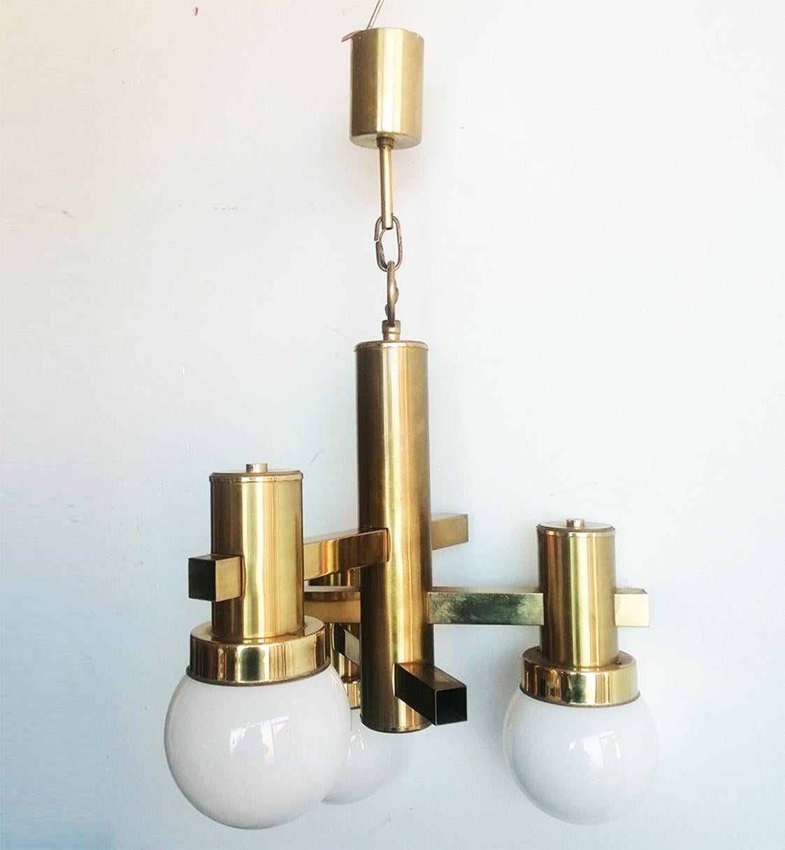 Mid-20th Century Midcentury Pendant Chandelier, Brass Opaline Glass Sciolari Style, Italy, 1960s For Sale