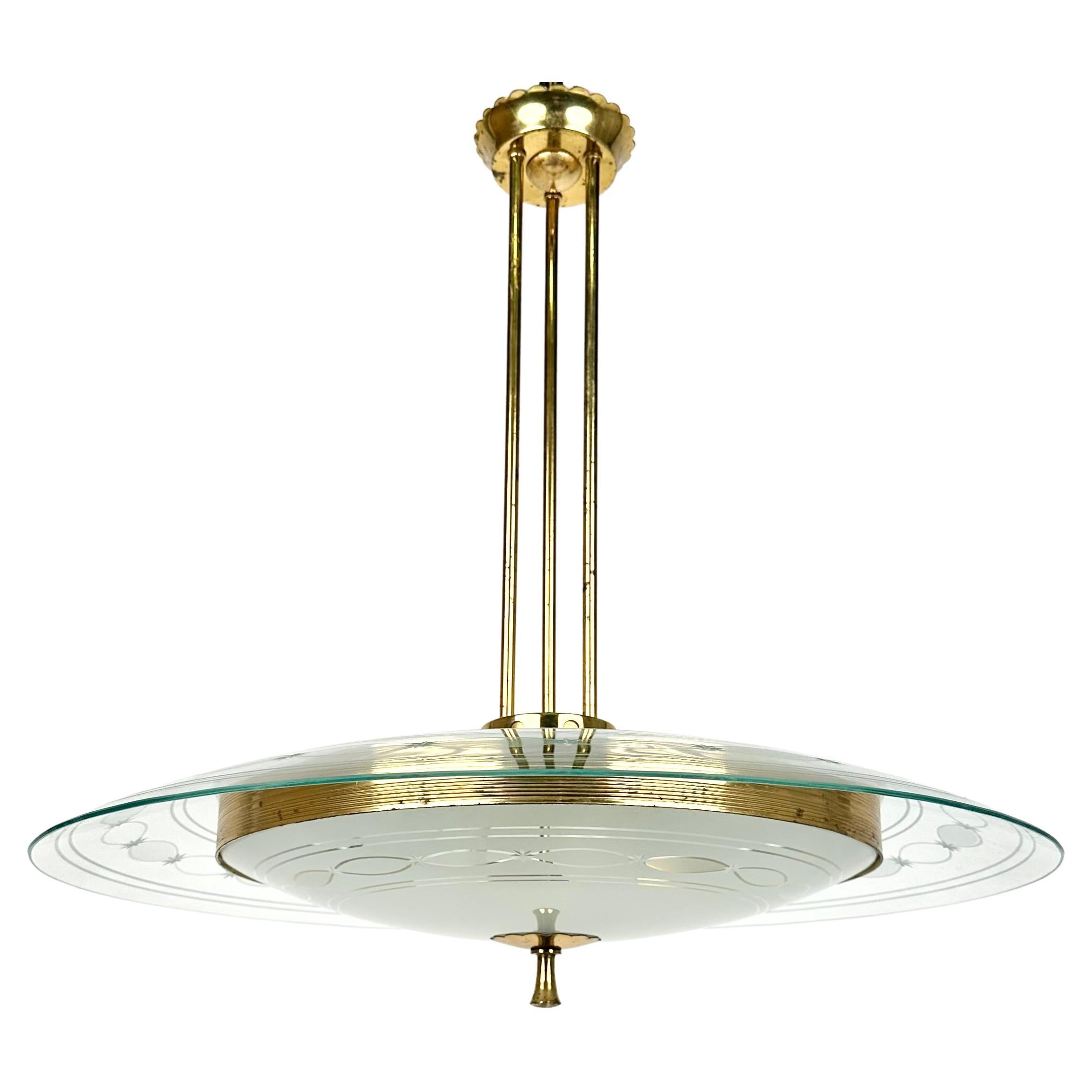 Midcentury Chandelier Brass & Glass Pietro Chiesa for Fontana Arte, Italy 1950s For Sale