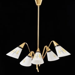 Midcentury Chandelier Brass, Opal Glass With Pattern
