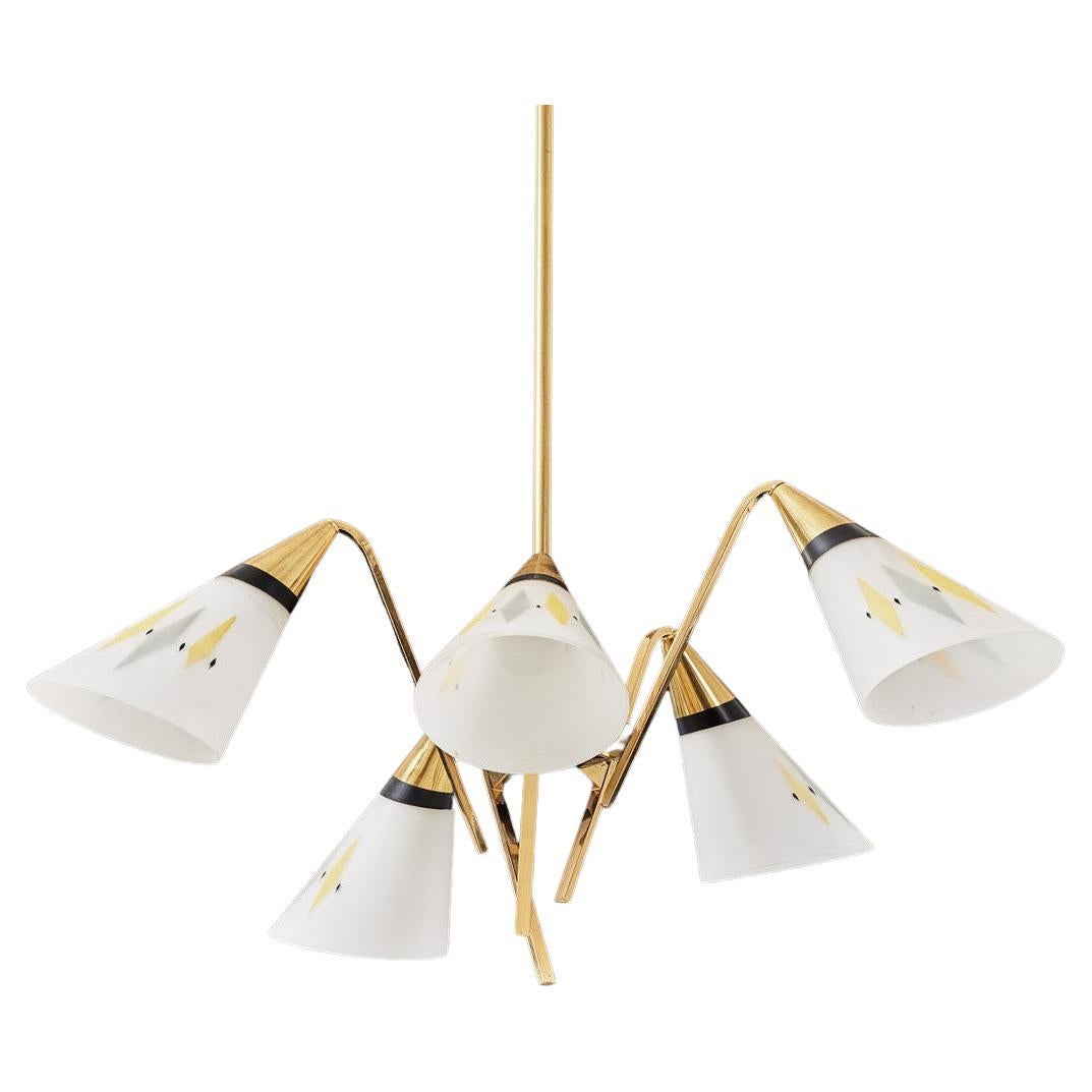 Midcentury Chandelier Brass, Opal Glass With Pattern
