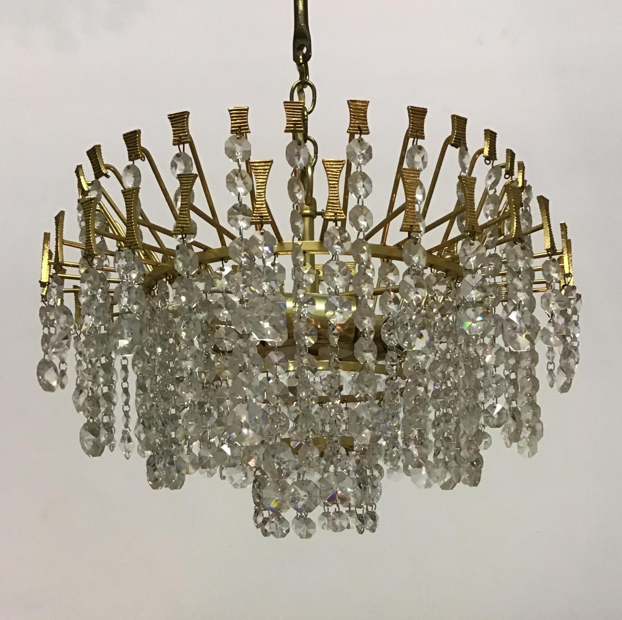 Mid-Century Modern Mid -Century Chandelier by Palwa, Gilt Brass and Crystal, Germany, circa 1960s