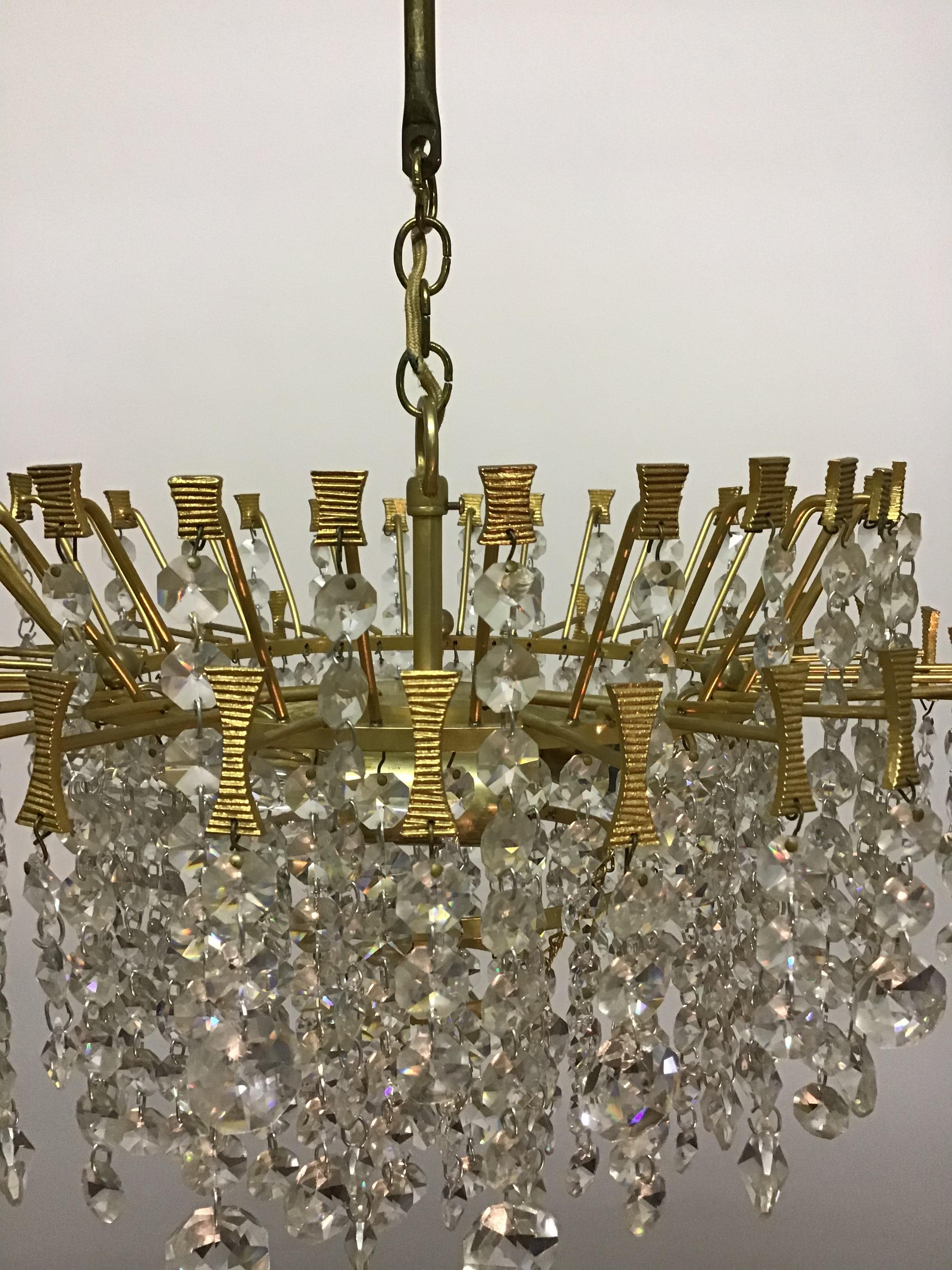 Mid-20th Century Mid -Century Chandelier by Palwa, Gilt Brass and Crystal, Germany, circa 1960s