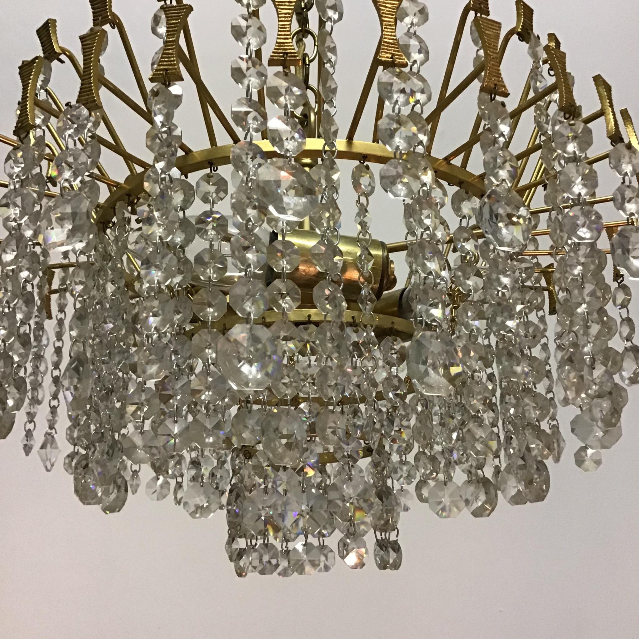 Mid -Century Chandelier by Palwa, Gilt Brass and Crystal, Germany, circa 1960s 2