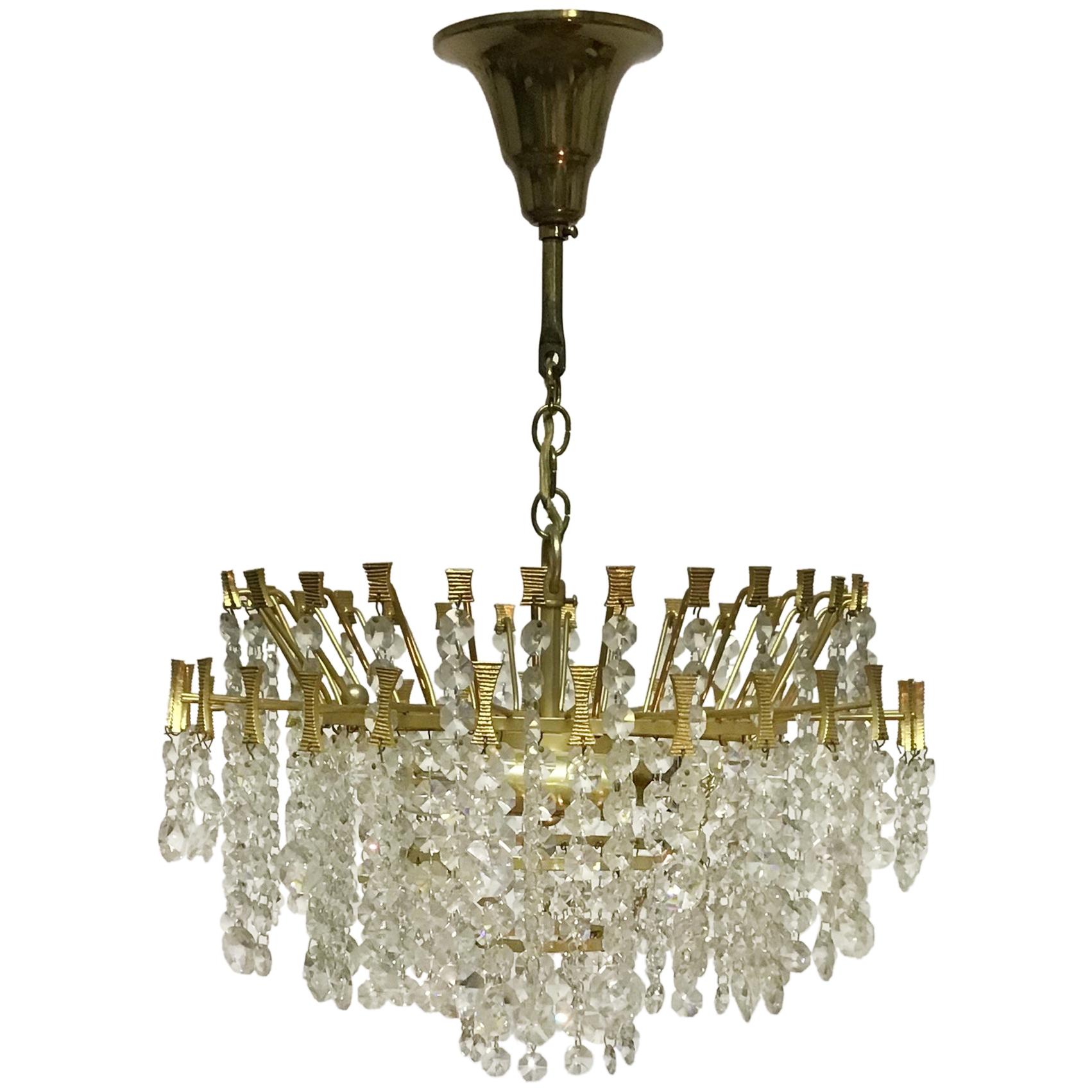 Mid -Century Chandelier by Palwa, Gilt Brass and Crystal, Germany, circa 1960s