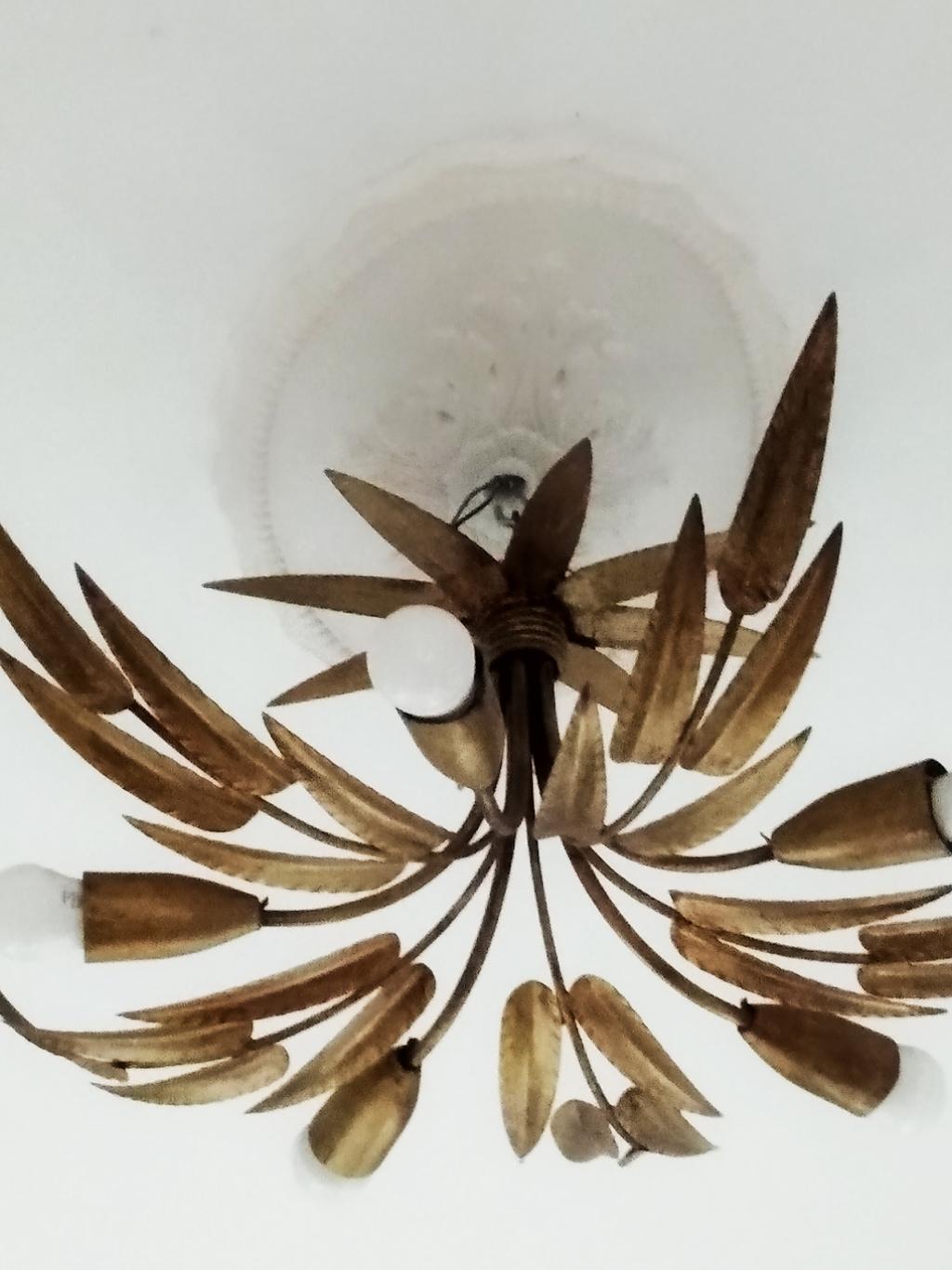 Midcentury Chandelier Gilded with Gold Leaf Leaves Handcrafted Iron, Fance, 1950s 7