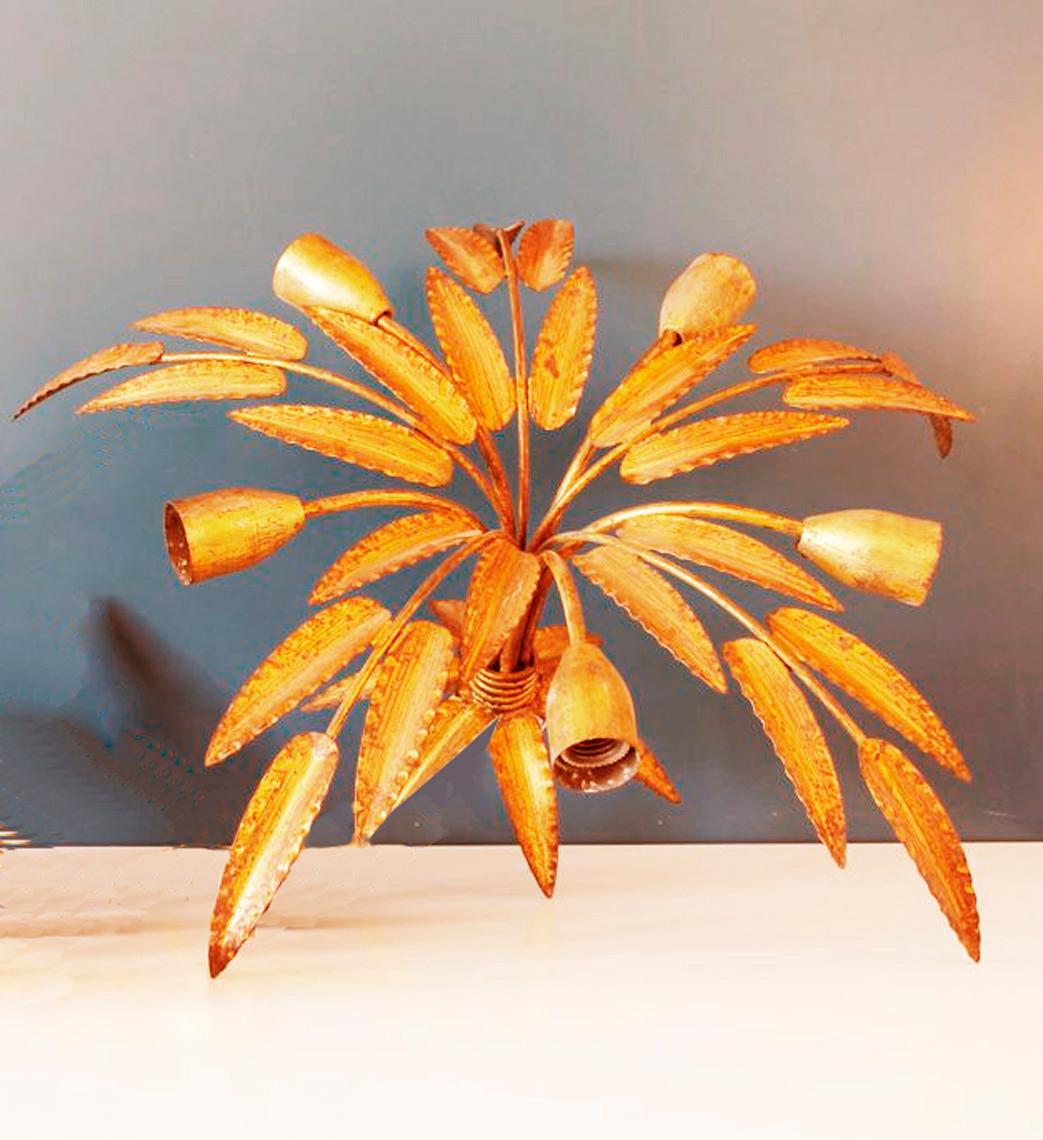 Mid-Century Modern Midcentury Chandelier Gilded with Gold Leaf Leaves Handcrafted Iron, Fance, 1950s