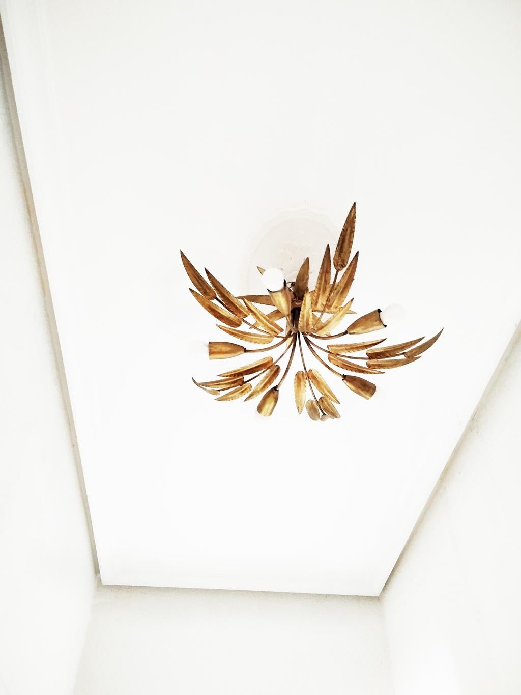 Midcentury Chandelier Gilded with Gold Leaf Leaves Handcrafted Iron, Fance, 1950s 1