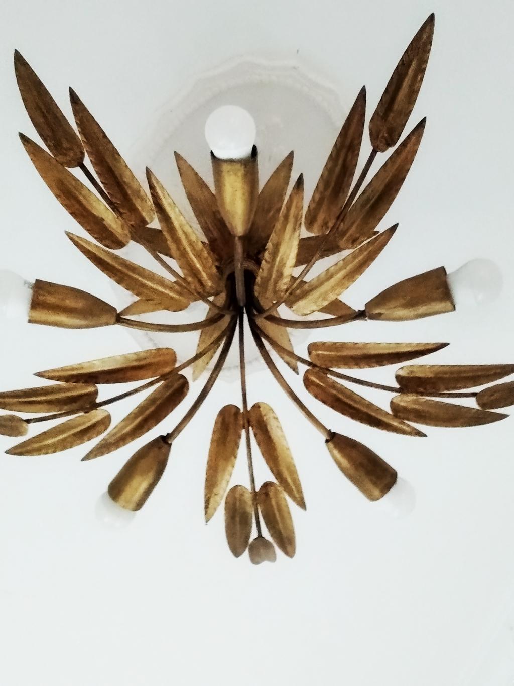 Midcentury Chandelier Gilded with Gold Leaf Leaves Handcrafted Iron, Fance, 1950s 3