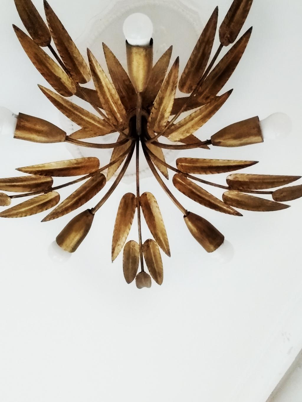 Midcentury Chandelier Gilded with Gold Leaf Leaves Handcrafted Iron, Fance, 1950s 5