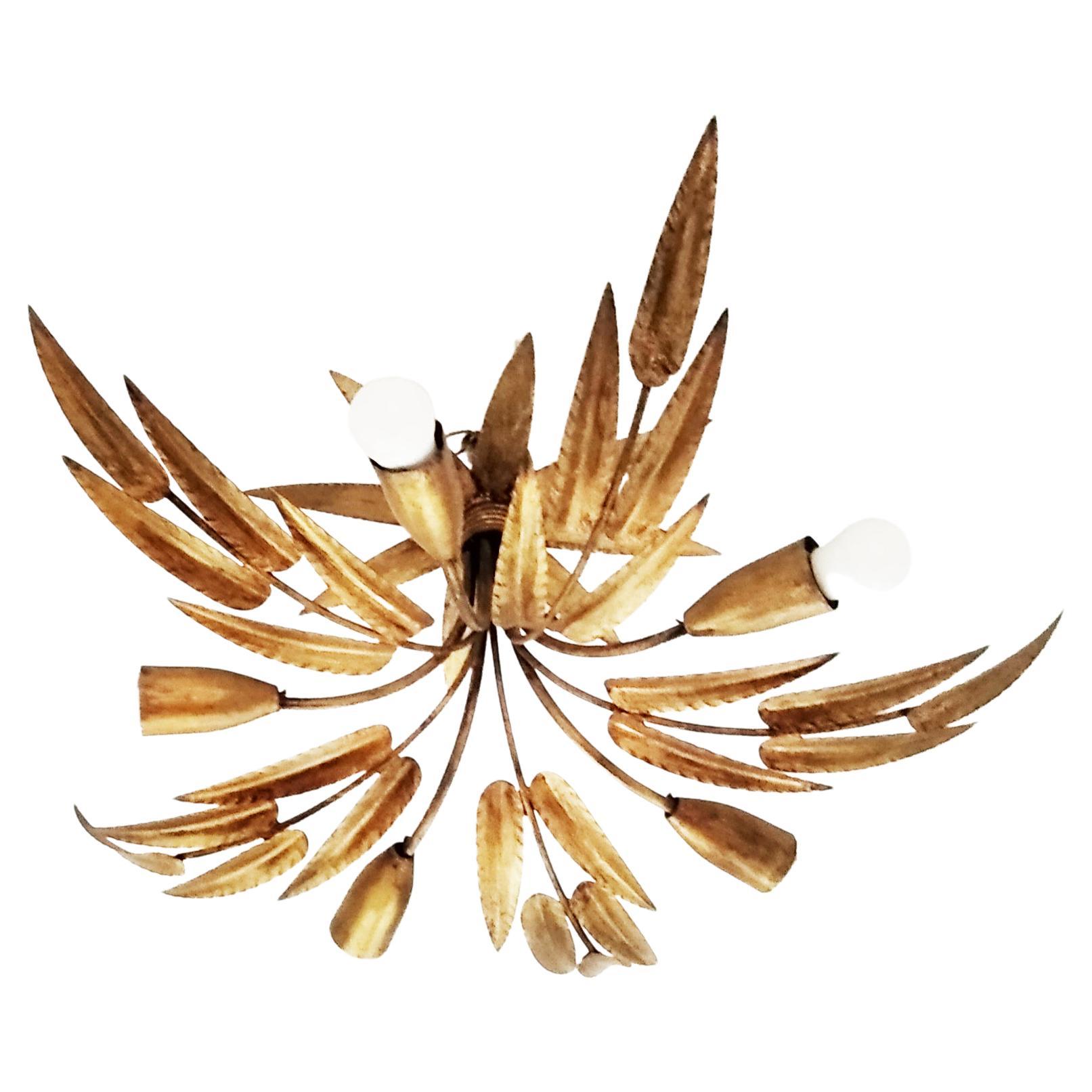 20th Century Midcentury Chandelier Gilded with Gold Leaf Leaves Handcrafted Iron, Fance, 1950s
