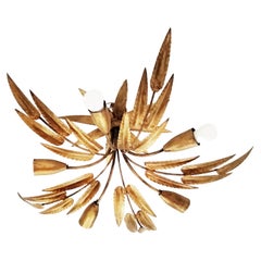Midcentury Chandelier Gilded with Gold Leaf Leaves Handcrafted Iron, Fance,1950s