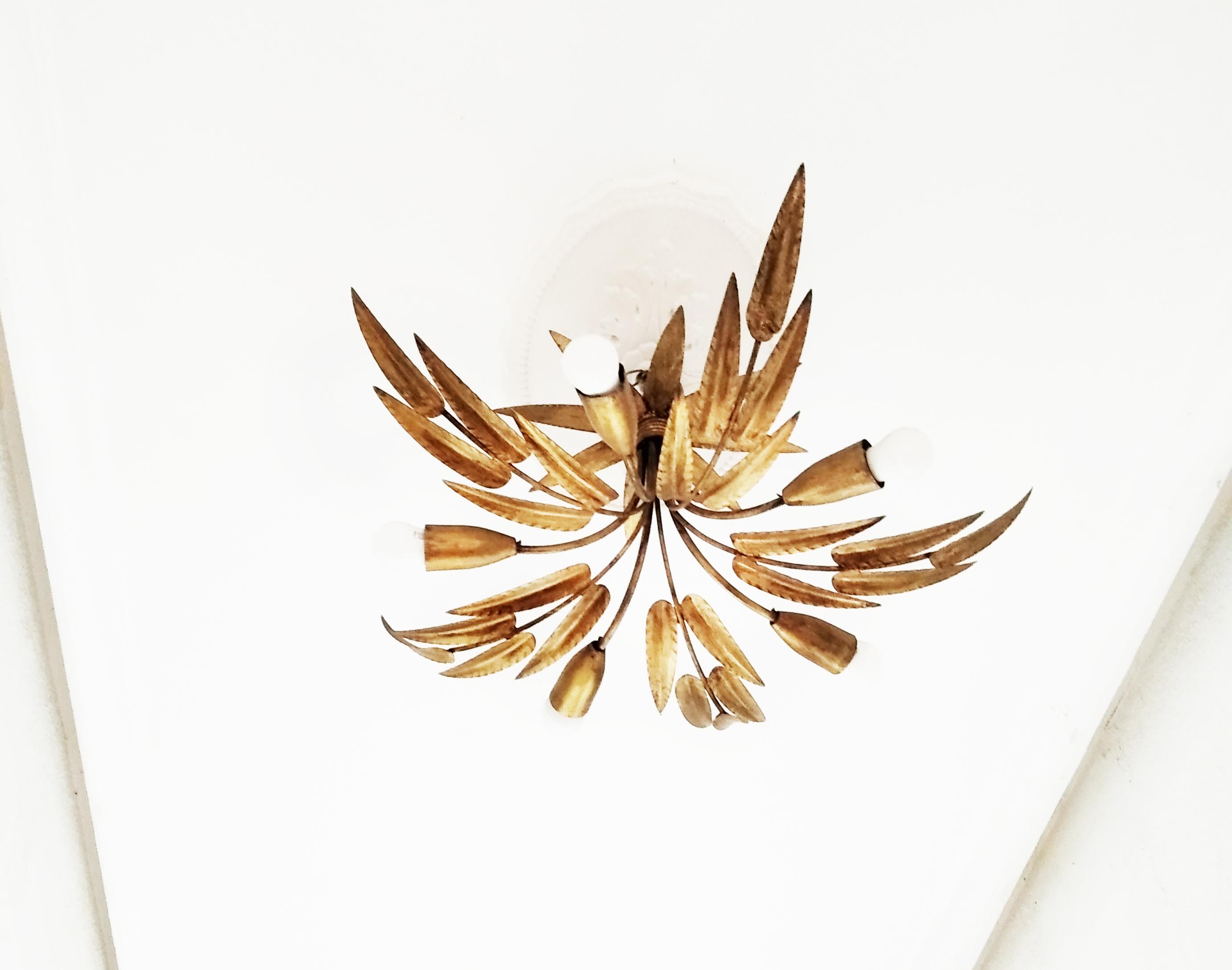 Midcentury Chandelier Golden Leaves Handcrafted Wrought Iron, Spain, 1950s 6