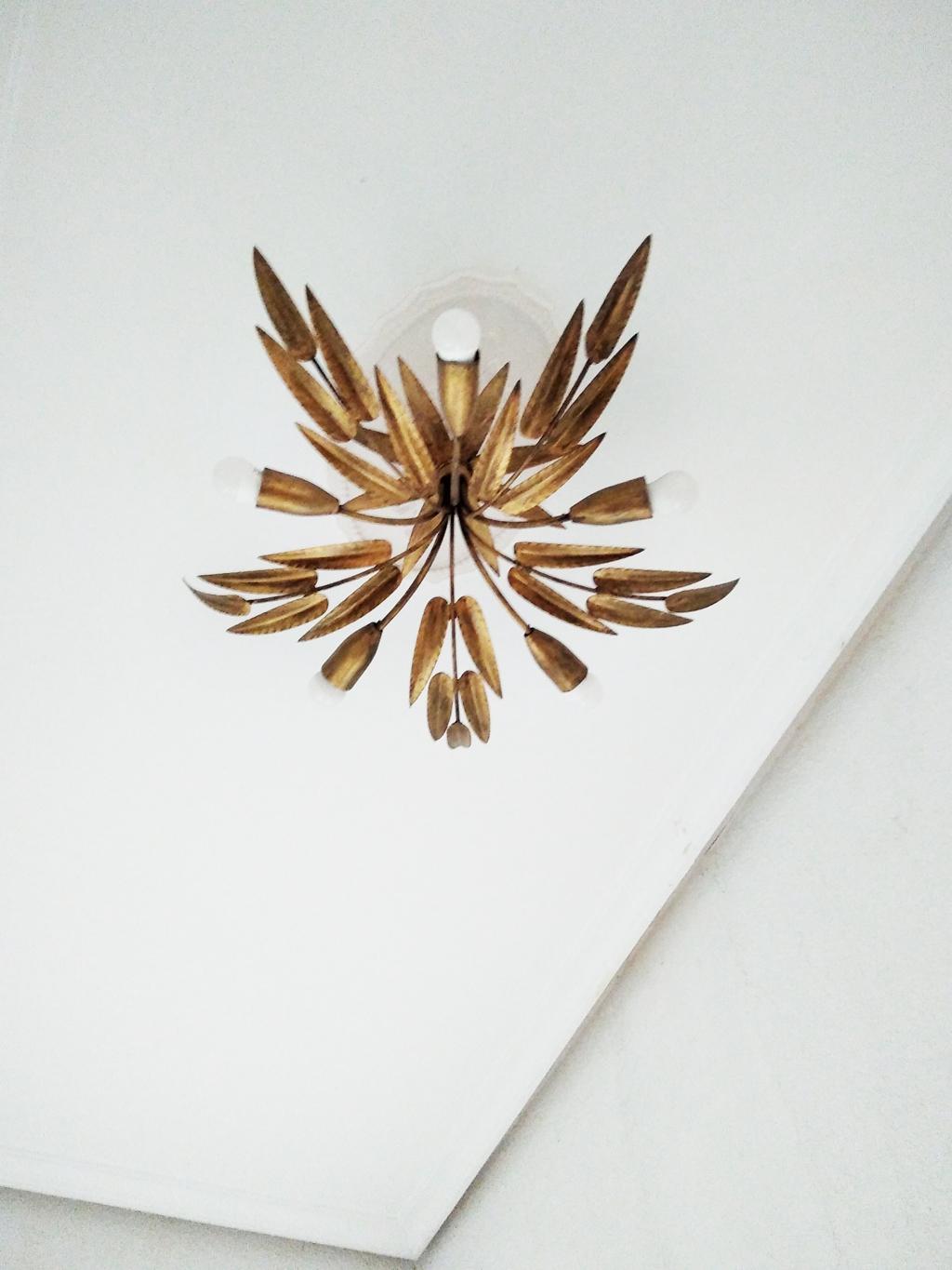 Midcentury Chandelier Golden Leaves Handcrafted Wrought Iron, Spain, 1950s 9