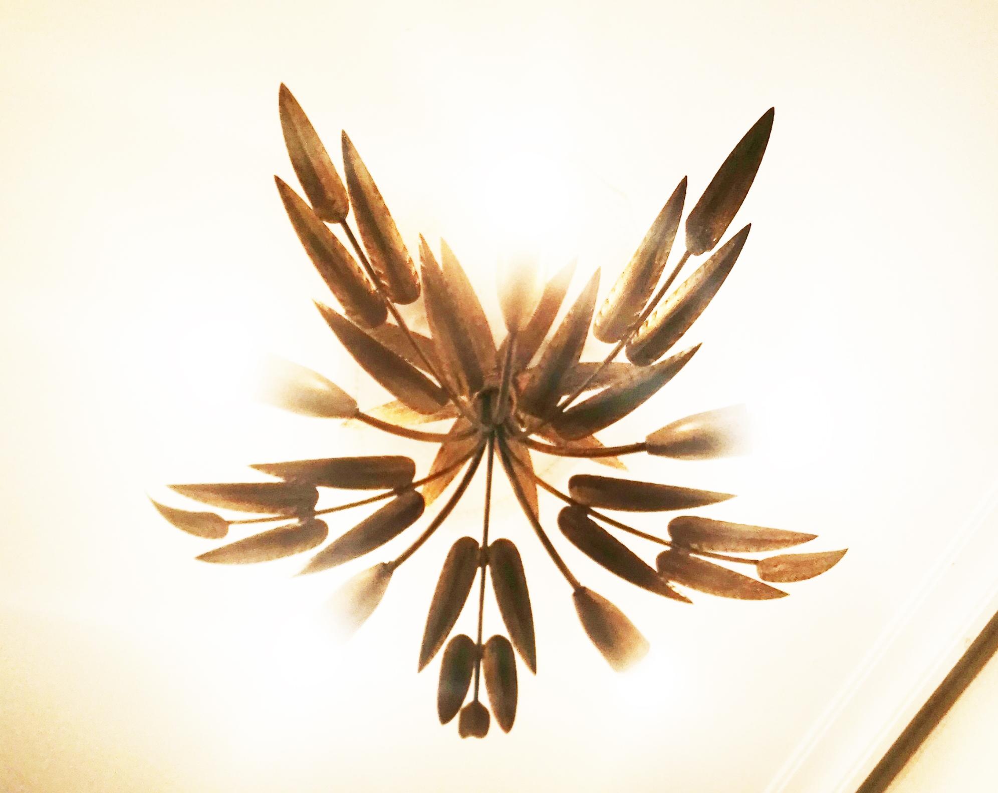 Midcentury Chandelier Golden Leaves Handcrafted Wrought Iron, Spain, 1950s 1