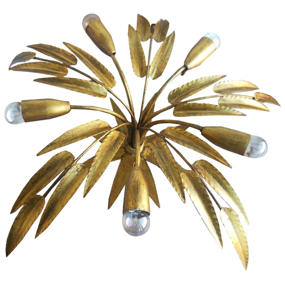 Midcentury Chandelier Golden Leaves Handcrafted Wrought Iron, Spain, 1950s