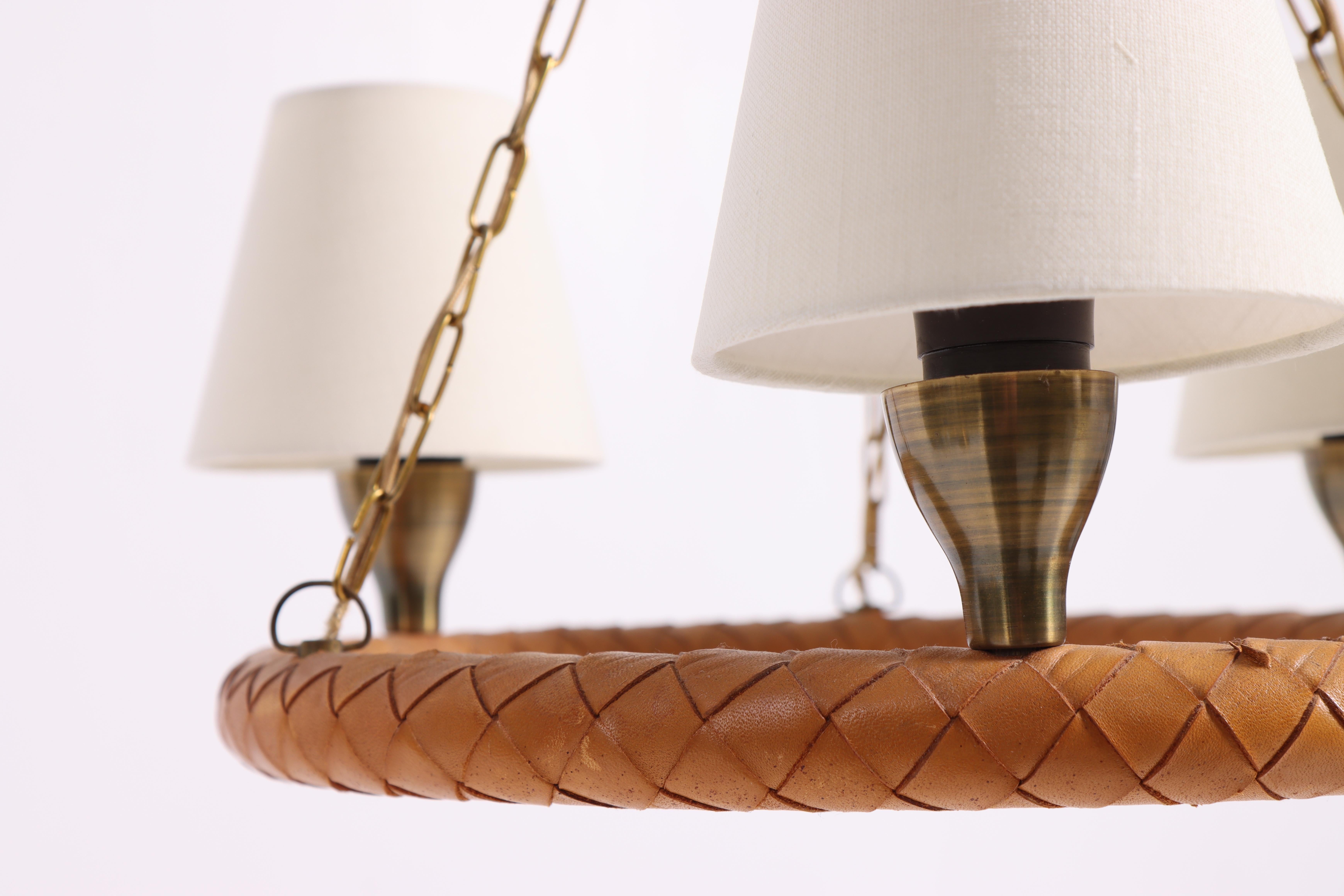 Midcentury Chandelier in Braided Leather by Jo Hammerborg, 1960s In Good Condition For Sale In Lejre, DK
