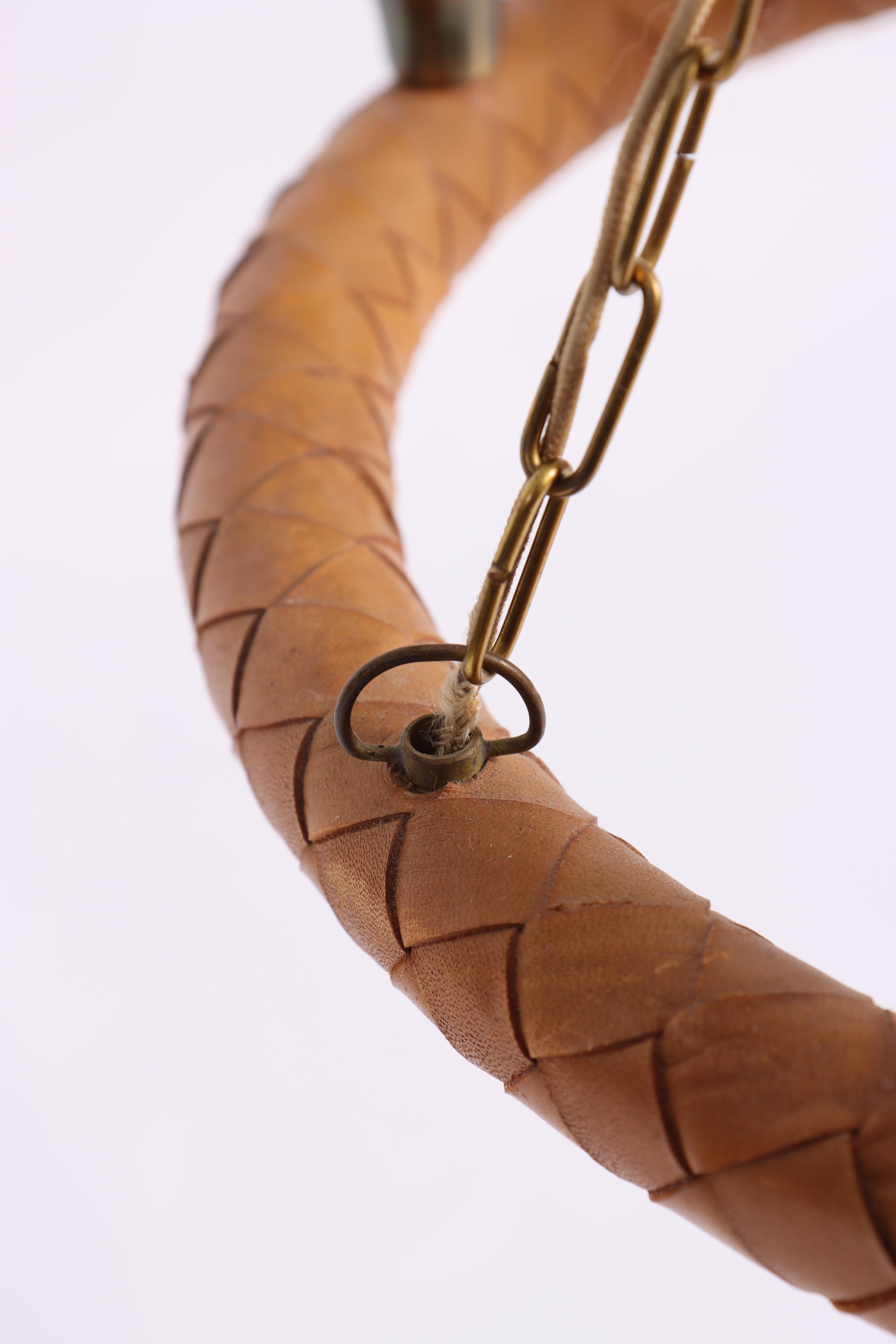 Brass Midcentury Chandelier in Braided Leather by Jo Hammerborg, 1960s For Sale