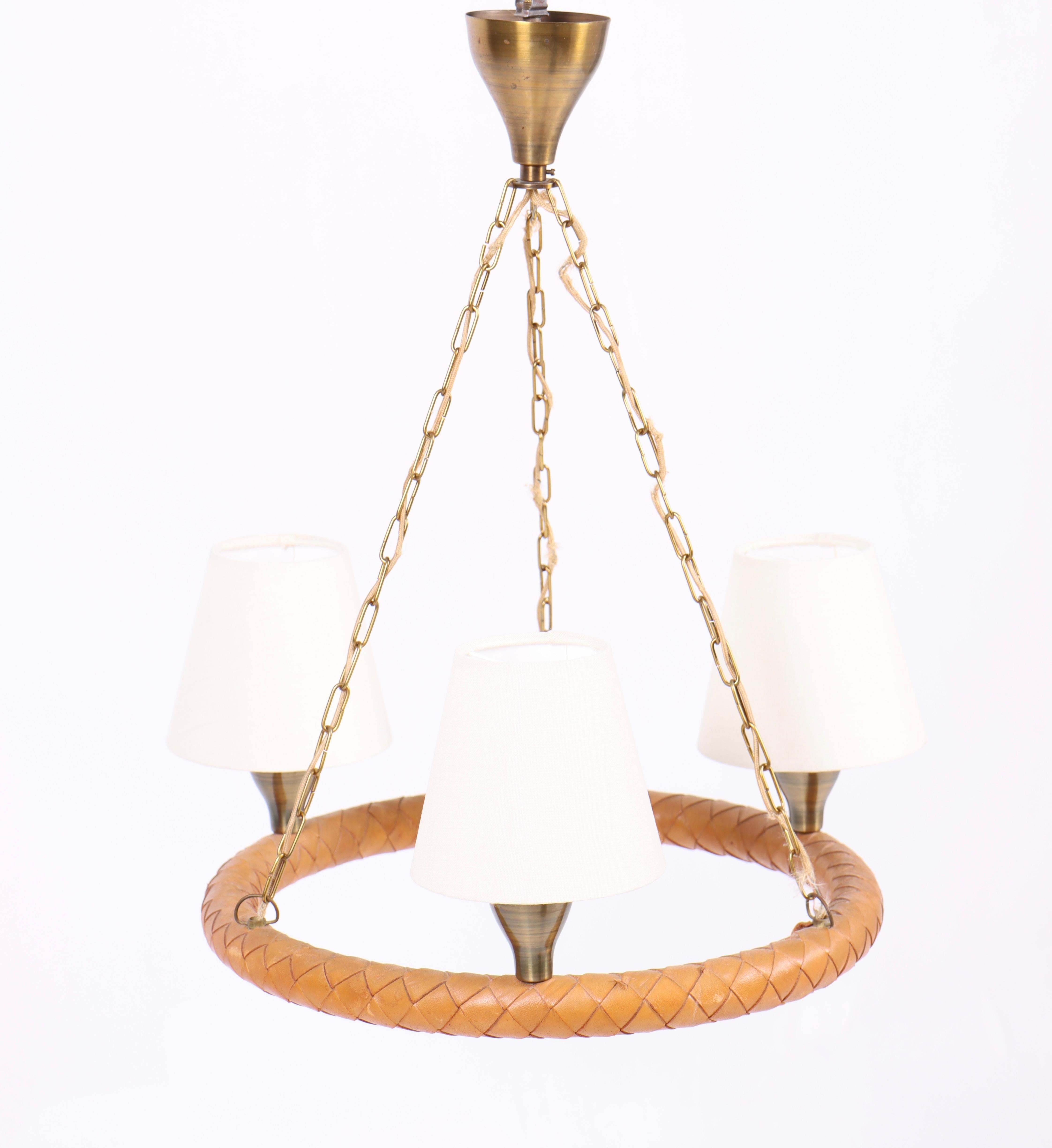 Midcentury Chandelier in Braided Leather by Jo Hammerborg, 1960s For Sale 2