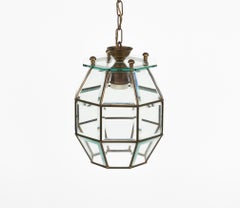 Midcentury Chandelier in Brass and Beveled Glass Adolf Loos Style, Italy 1950s