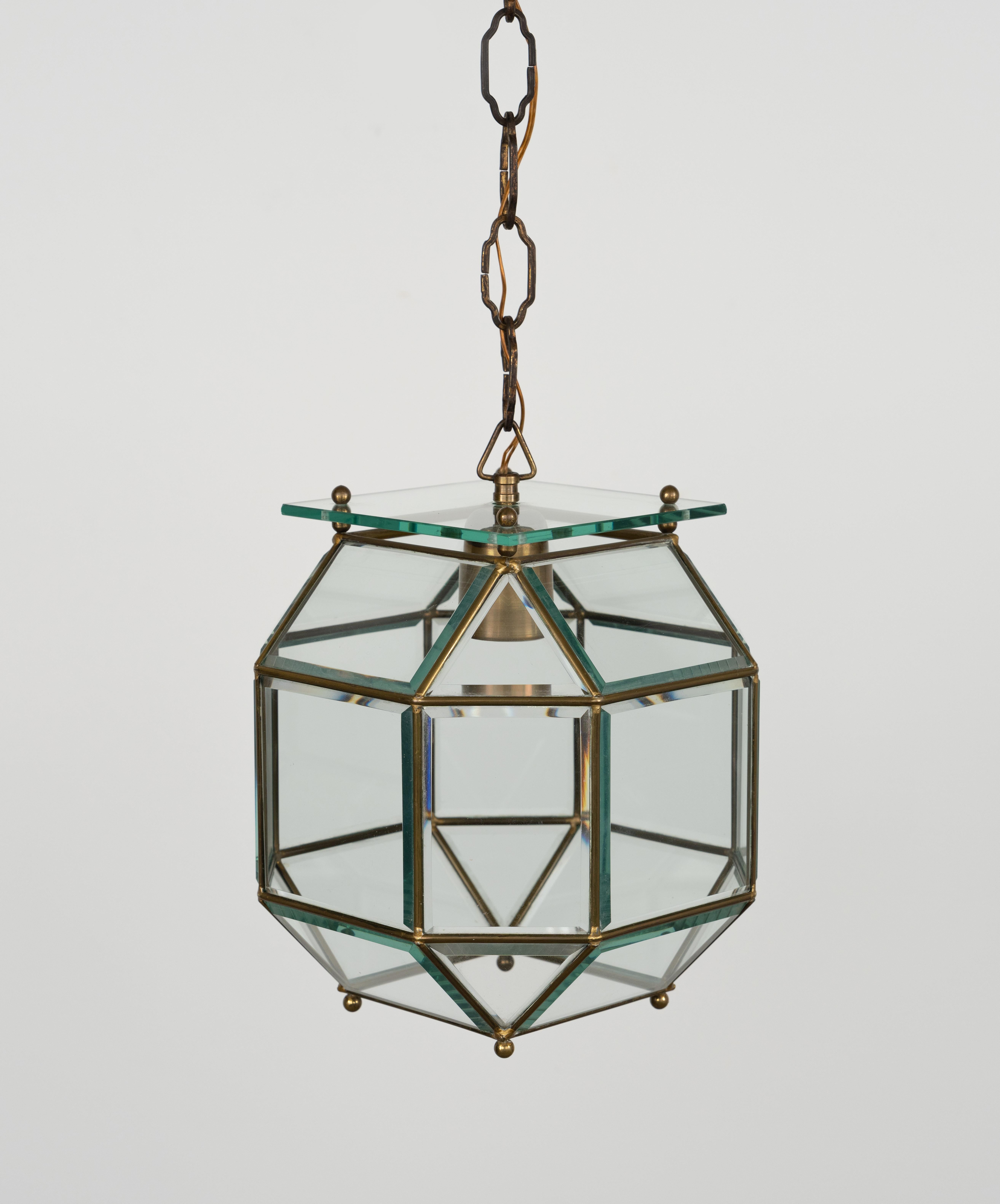 Mid-Century Modern Midcentury Chandelier in Brass and Beveled Glass Adolf Loos Style, Italy 1950s For Sale