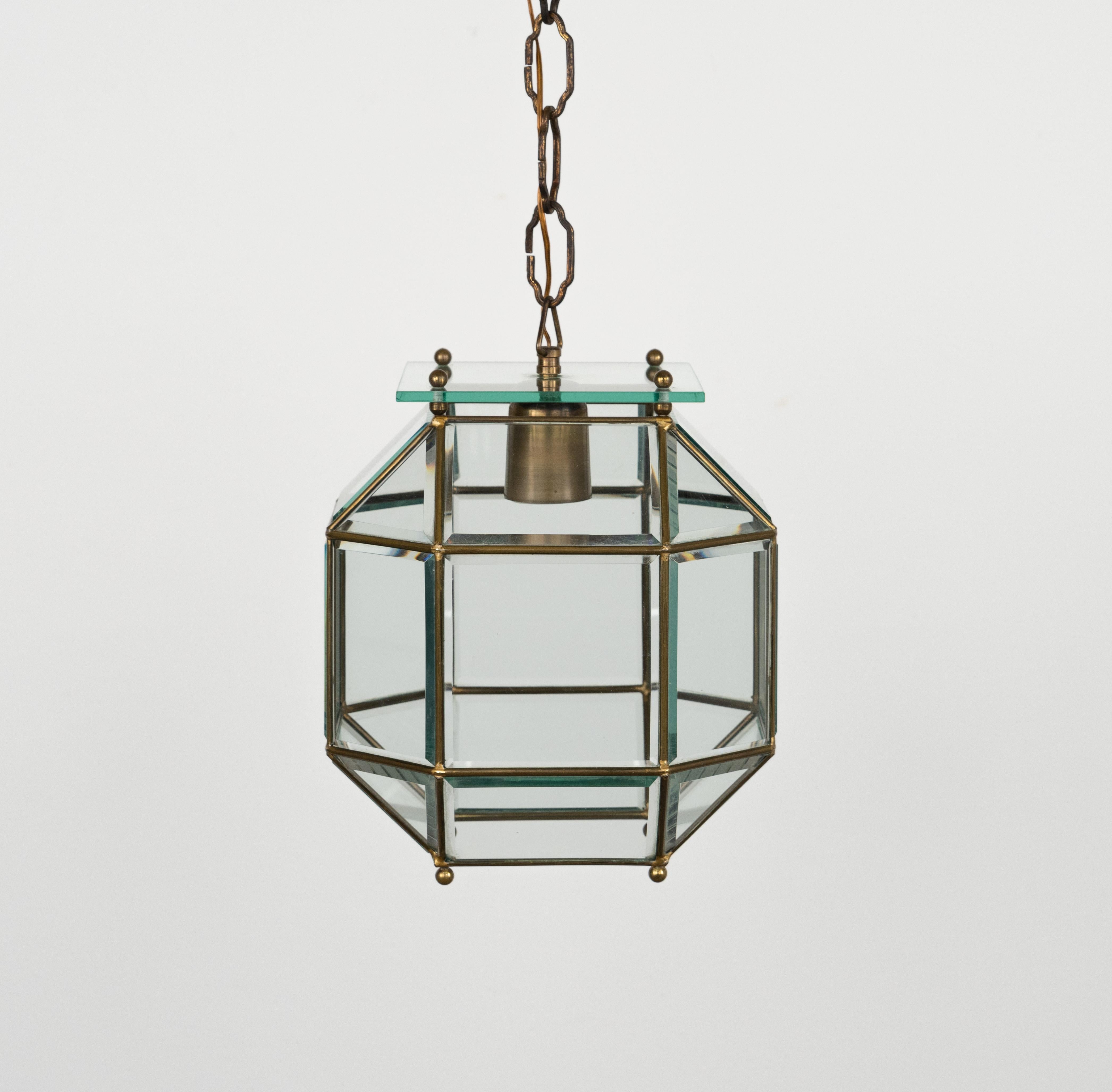 Mid-20th Century Midcentury Chandelier in Brass and Beveled Glass Adolf Loos Style, Italy 1950s For Sale