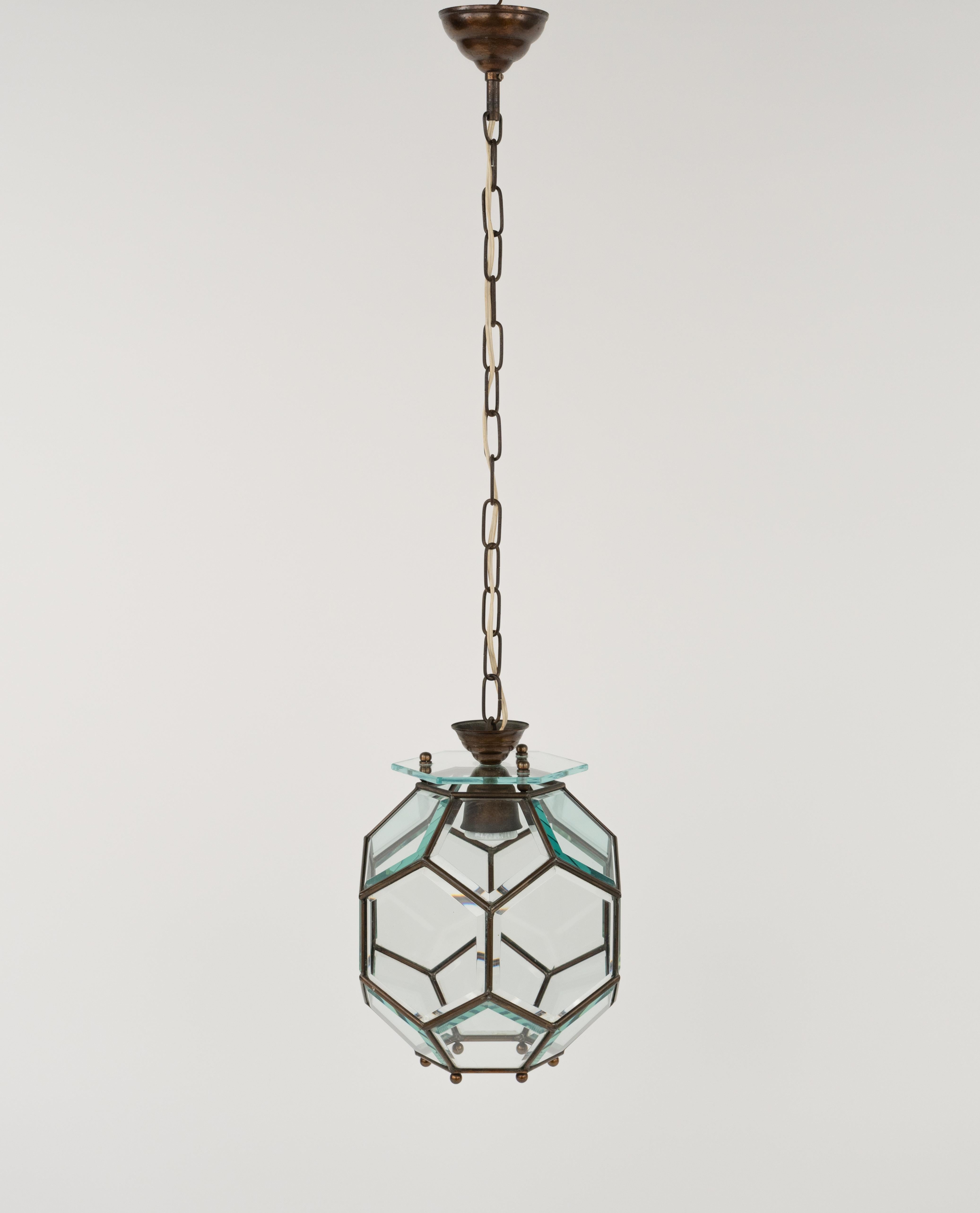 Mid-20th Century Midcentury Chandelier in Brass and Beveled Glass Adolf Loos Style, Italy 1950s For Sale