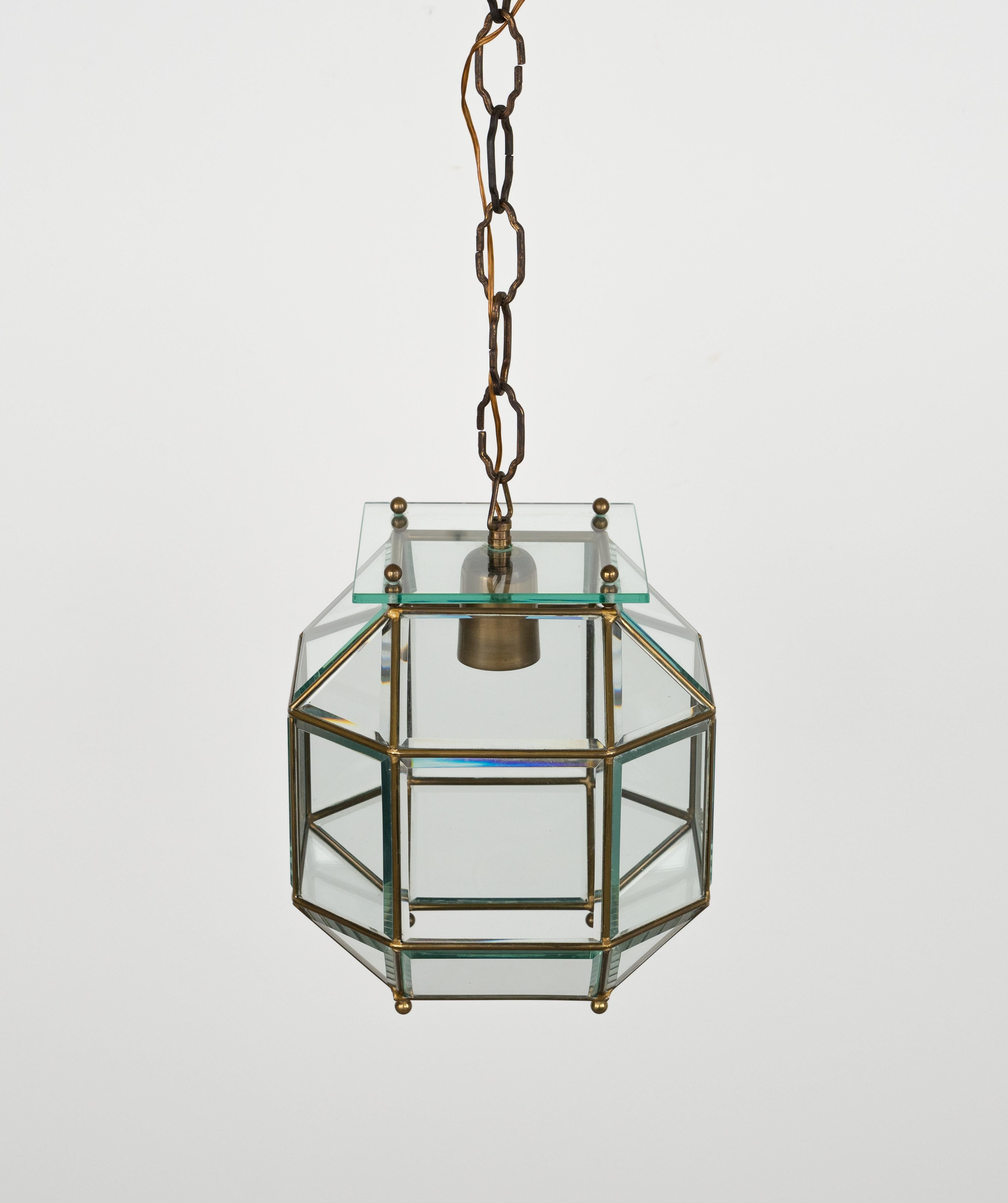 Metal Midcentury Chandelier in Brass and Beveled Glass Adolf Loos Style, Italy 1950s For Sale