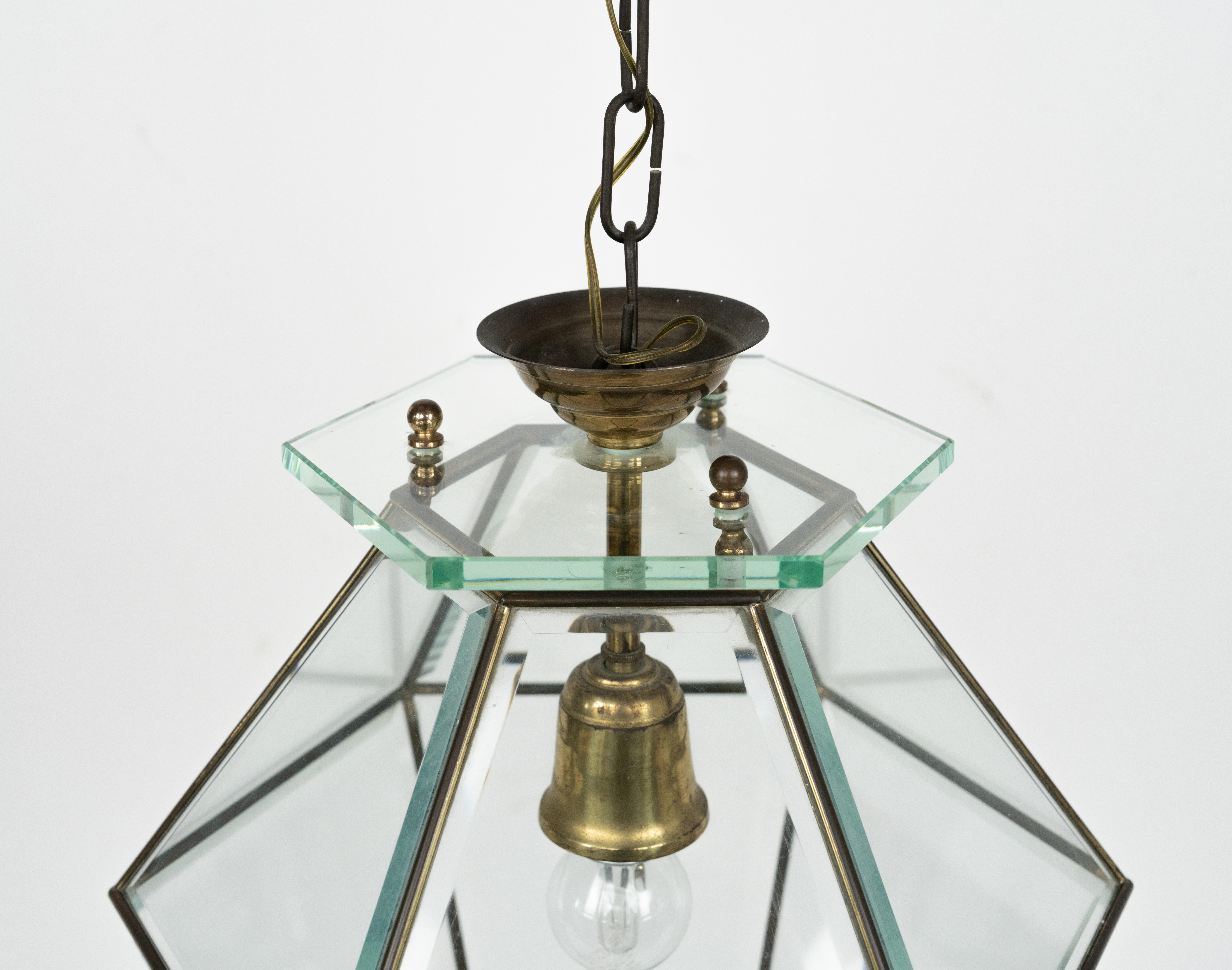 Araña de mediados de siglo en latón y cristal biselado Estilo Adolf Loos, Italia Años 50 en venta 1