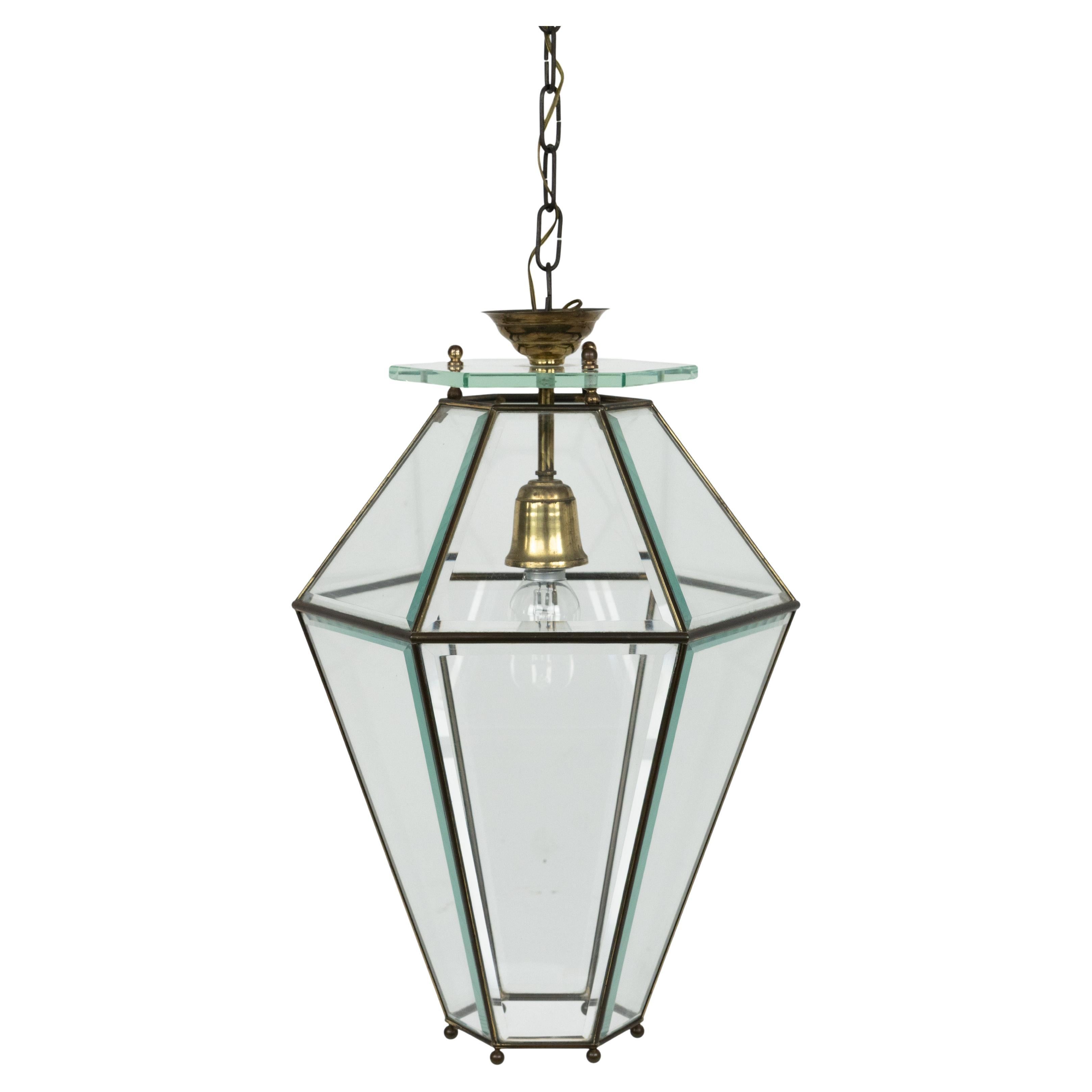 Lustre du milieu du siècle en laiton et verre biseauté style Adolf Loos, Italie années 1950