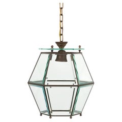 Midcentury Chandelier in Brass and Beveled Glass Adolf Loos Style, Italy 1950s