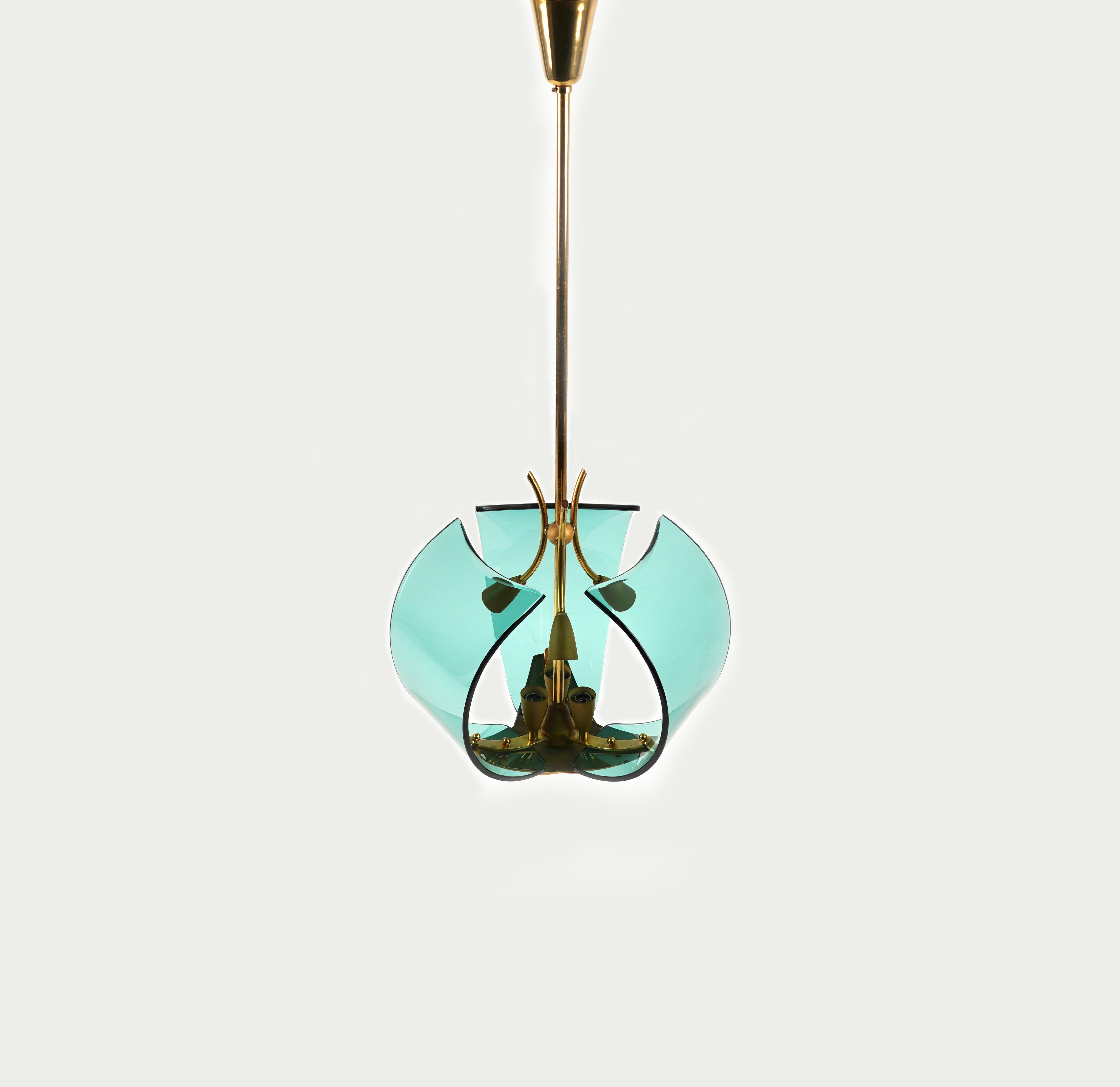 Midcentury amazing chandelier in brass and glass with fittings for six lights, suspended from a brass rod and conical canopy.

This piece is attributed to Fontana Arte designed by Pietro Chiesa one of the greatest Italian Art Deco