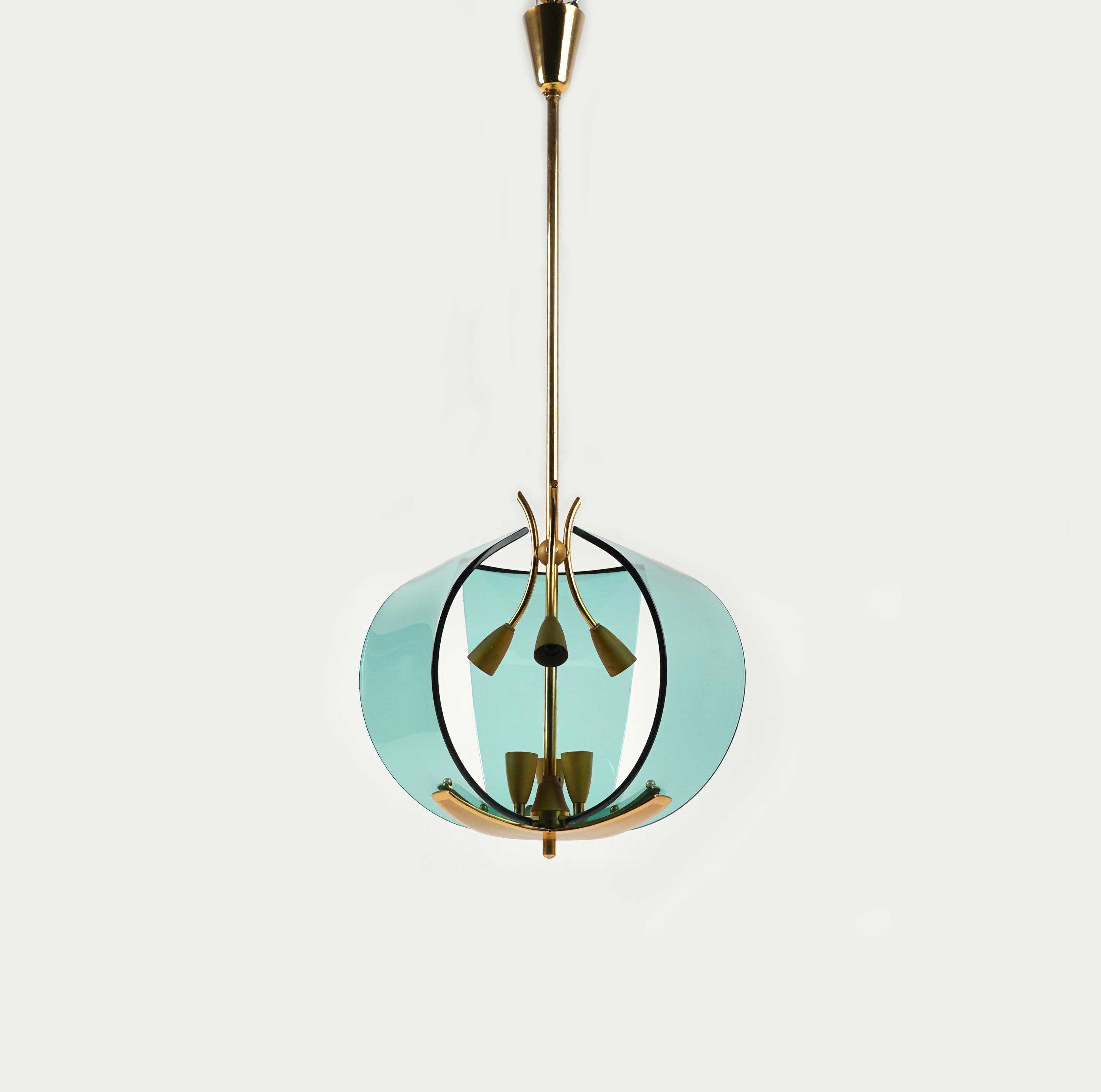 Mid-Century Modern Midcentury Chandelier in Brass and Glass by Fontana Arte, Italy, 1950s For Sale