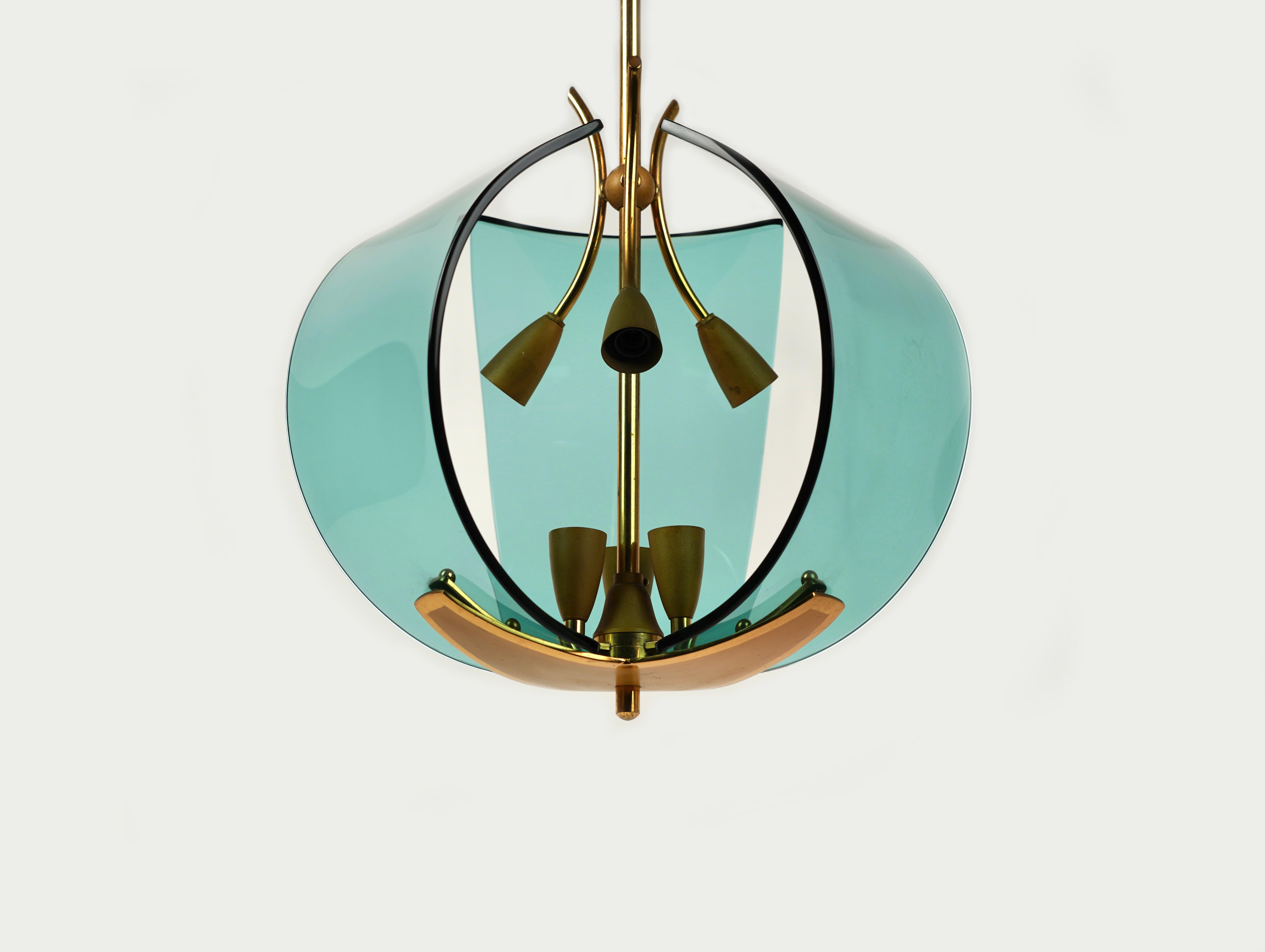 Mid-20th Century Midcentury Chandelier in Brass and Glass by Fontana Arte, Italy, 1950s For Sale