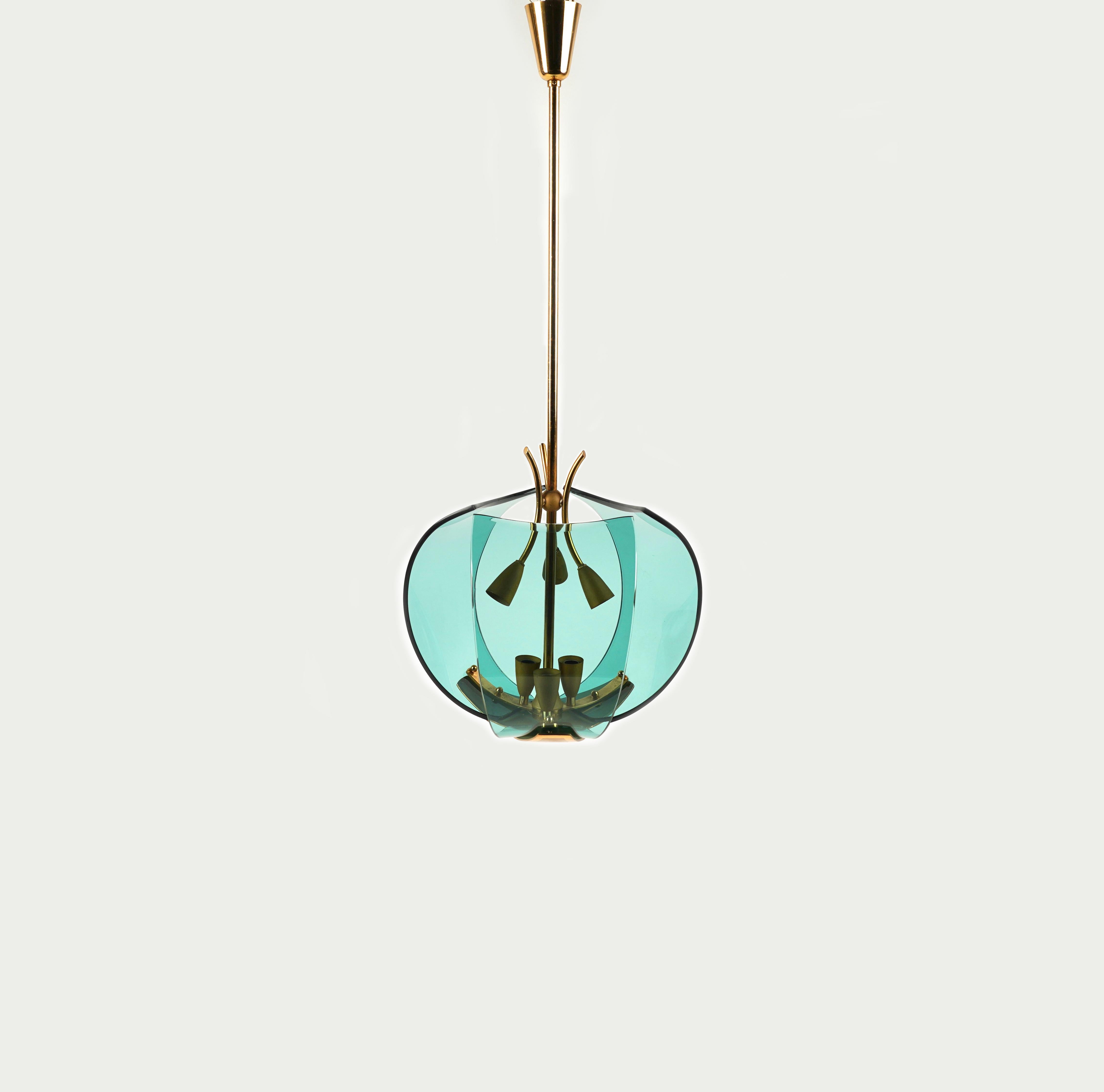 Metal Midcentury Chandelier in Brass and Glass by Fontana Arte, Italy, 1950s For Sale
