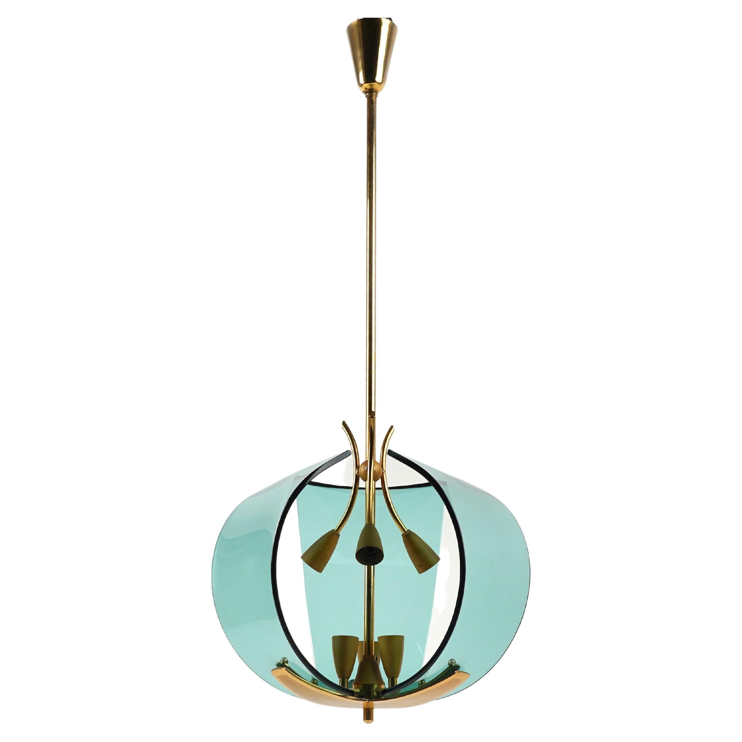 Midcentury Chandelier in Brass and Glass by Fontana Arte, Italy, 1950s