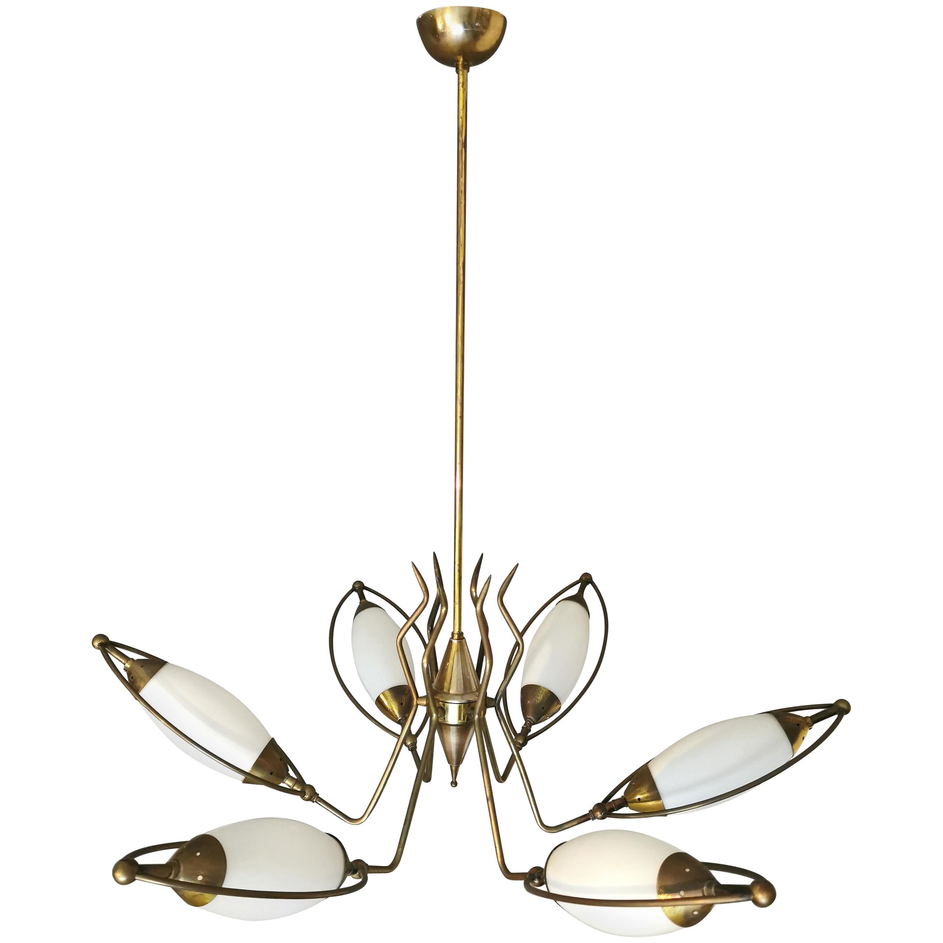 Mid Century Chandelier in the Style of Stilnovo Brass Opal Glass Italy, 1960s