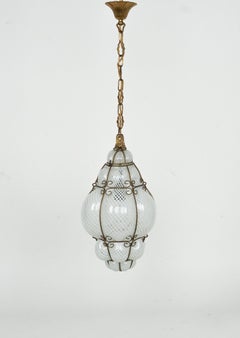 Midcentury Chandelier Lantern in Glass "Reticello" Venini Style Italy 1950s
