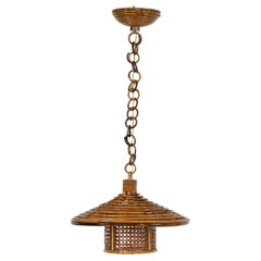 Midcentury Chandelier "Lantern" in Rattan and Wicker, Italy 1960s