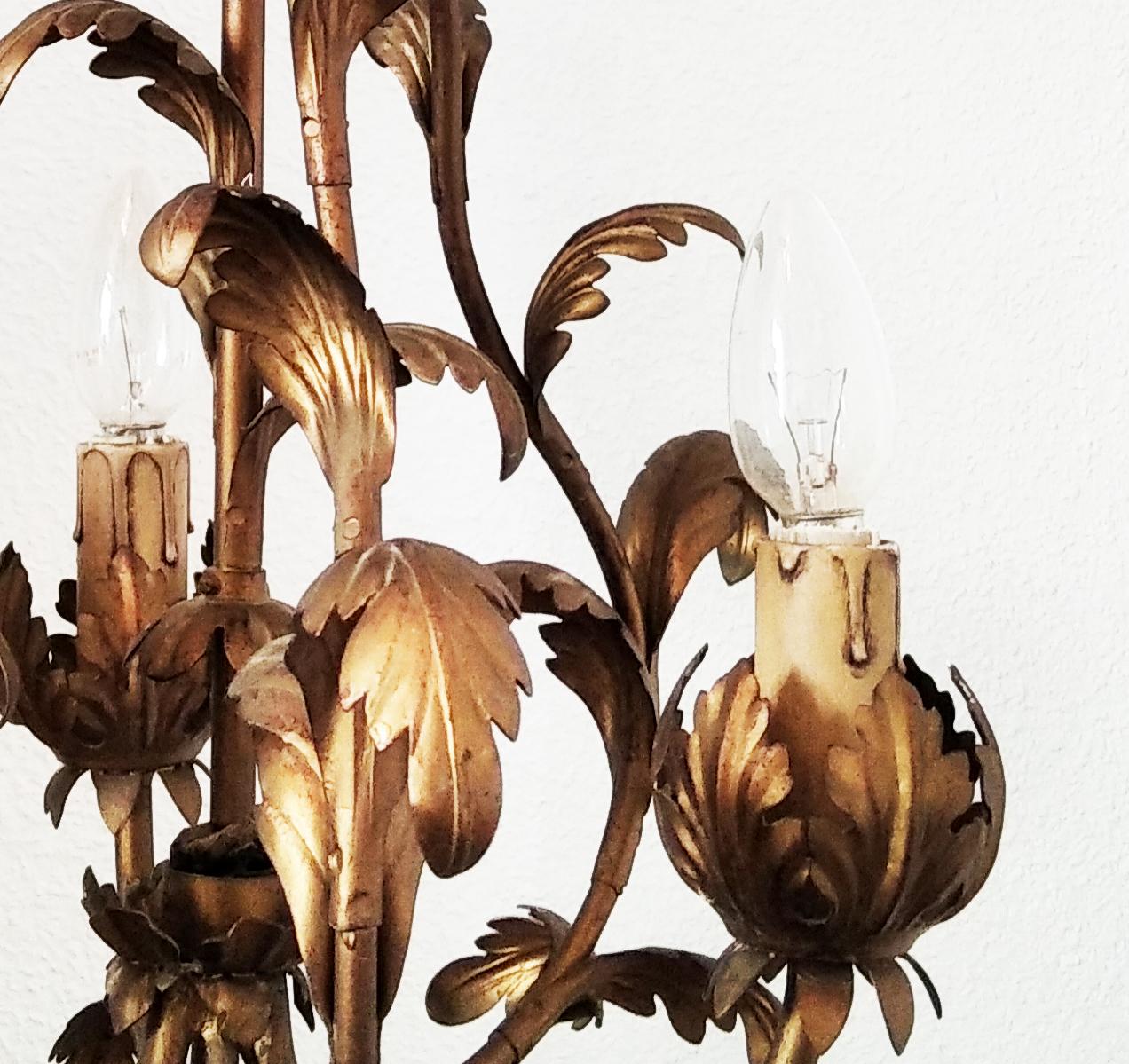 Midcentury Chandelier or Pendant Leaves Wrought Iron, Spain, 1950s In Good Condition In Mombuey, Zamora