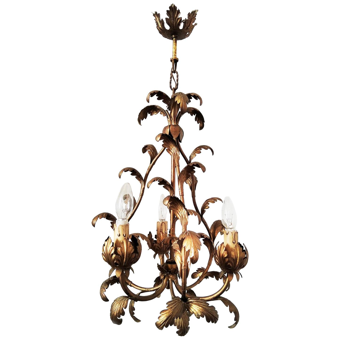 Midcentury Chandelier or Pendant Leaves Wrought Iron, Spain, 1950s