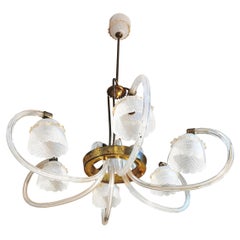 Midcentury Chandelier Pendant Murano Glass Brass Barovier 
Toso Reticello 1940s