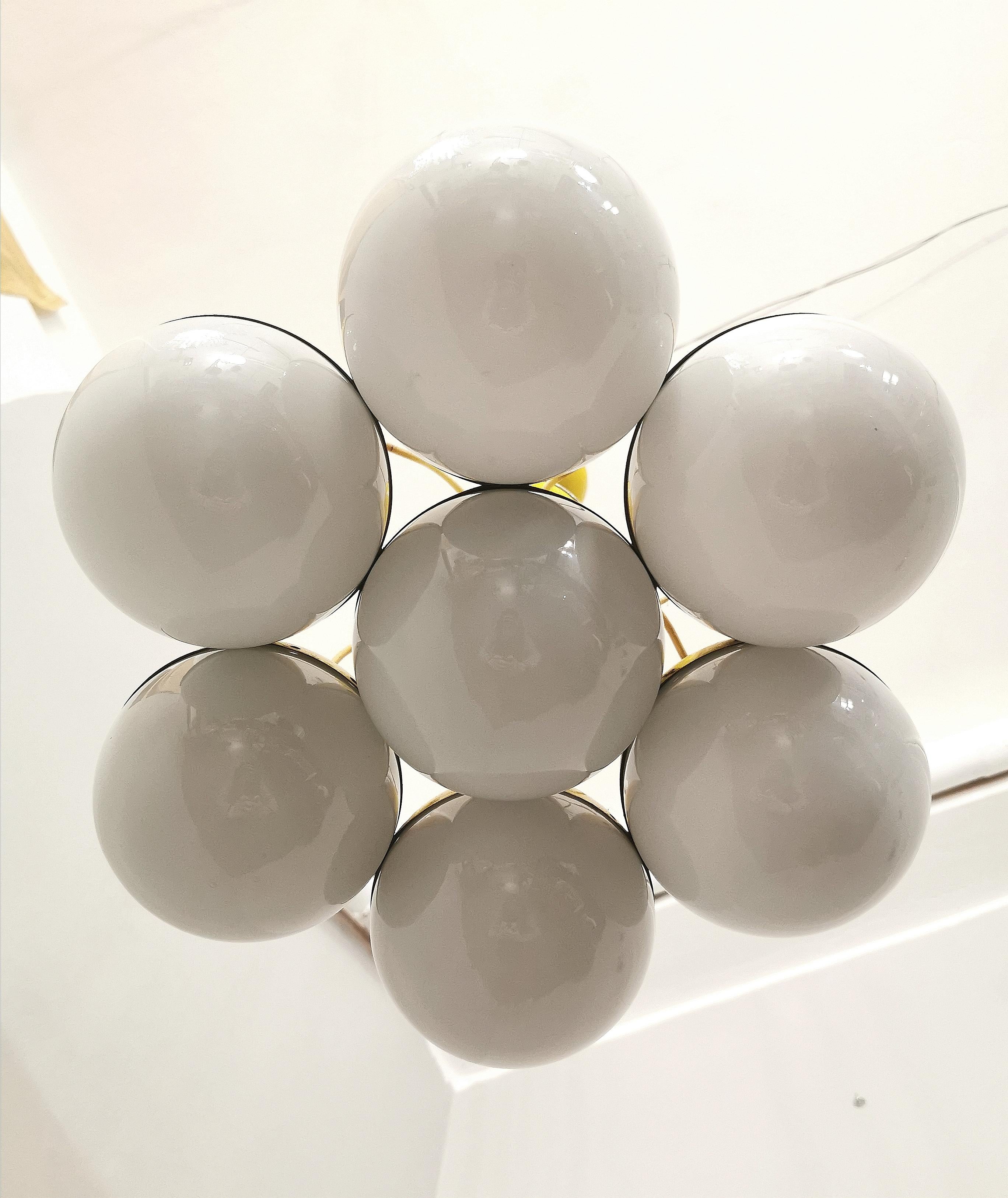 Midcentury Chandelier Pendant Milk Glass Chrome Metal Style of Stilnovo 1960s For Sale 3